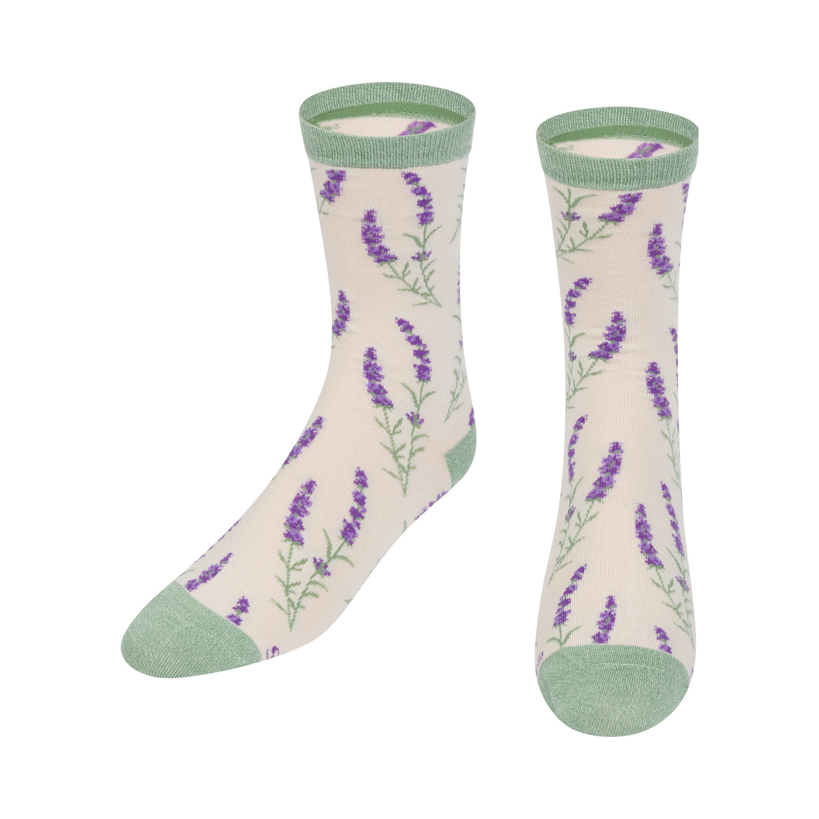 Pair of socks with lavender design on a white background