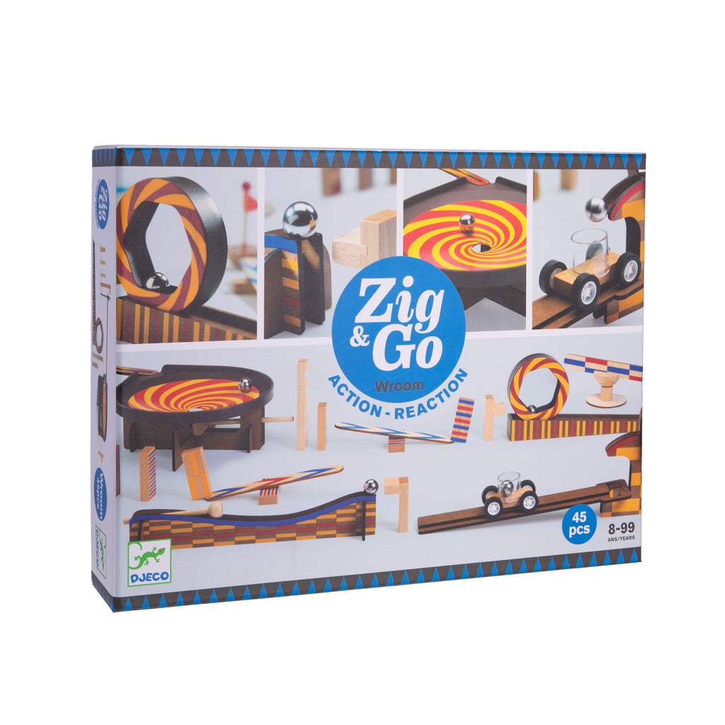 Zig & Go Wroom is a chain reaction game that you construct yourself! Build different layouts and tracks, start the action and watch the reaction. This STEM building toy teaches cause and effect, action-reaction, energy, momentum, and physics. Recommended ages: 8+ 45 pieces Materials: Wood, Metal, Plastic Non-toxic