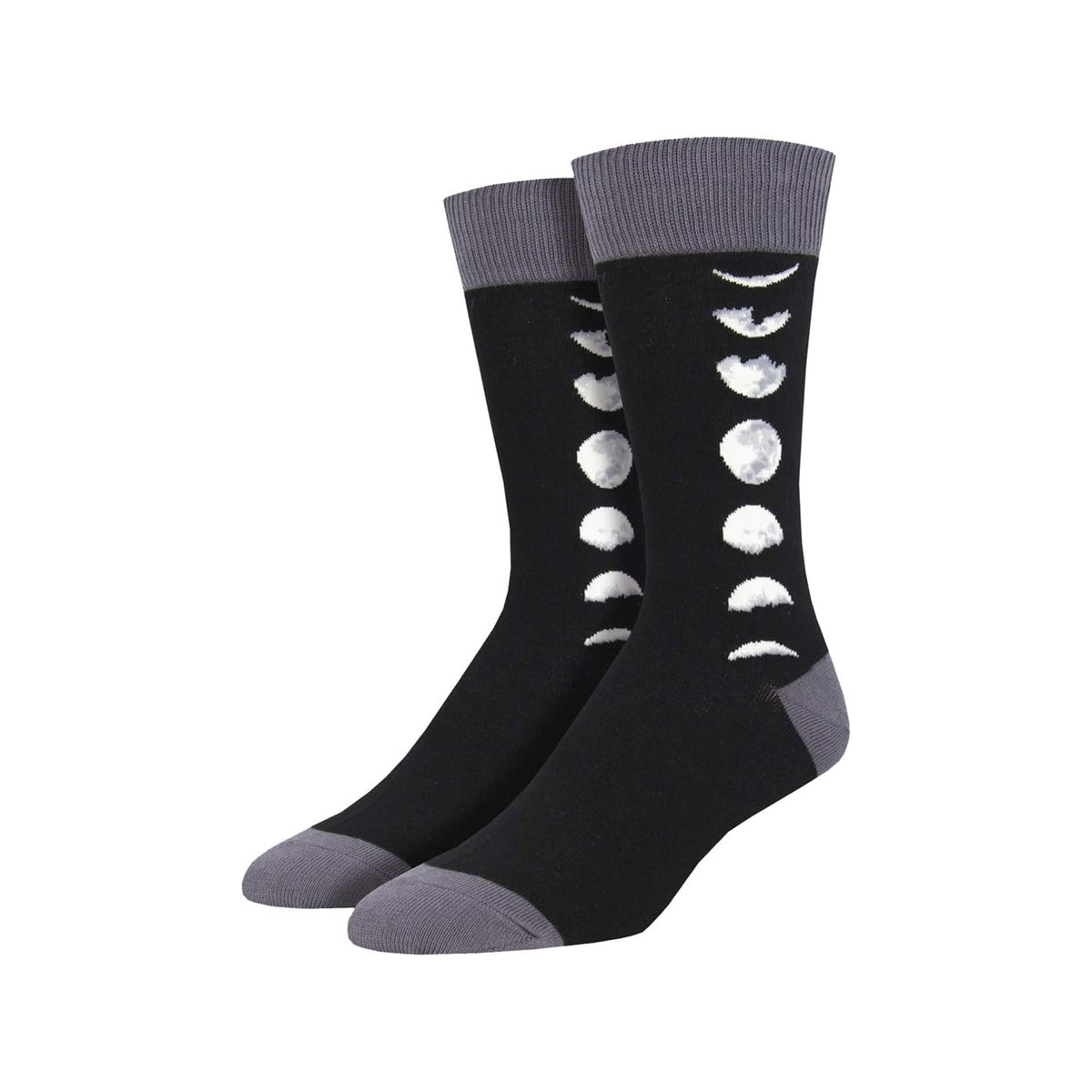 Black socks with white moon phases and gray toes and cuffs on a white background