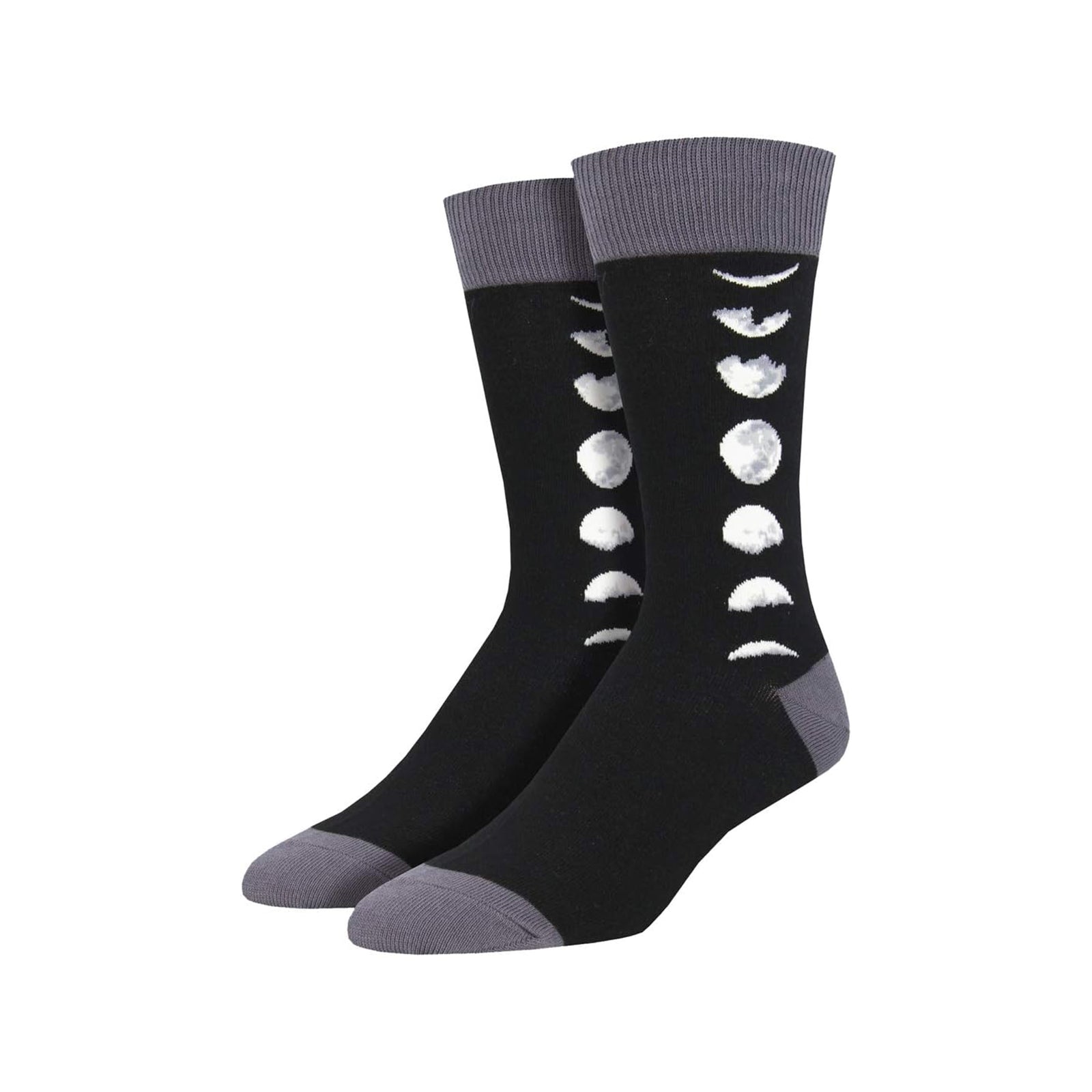 Black socks with white moon phases and gray toes and cuffs on a white background