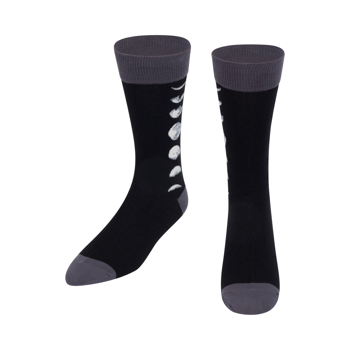Black socks with white moon phases and gray toes and cuffs on a white background