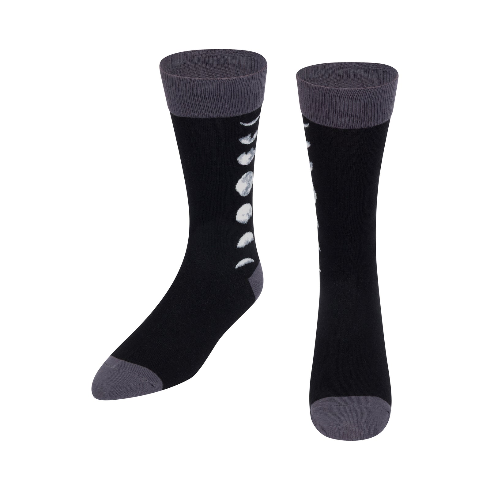 Black socks with white moon phases and gray toes and cuffs on a white background