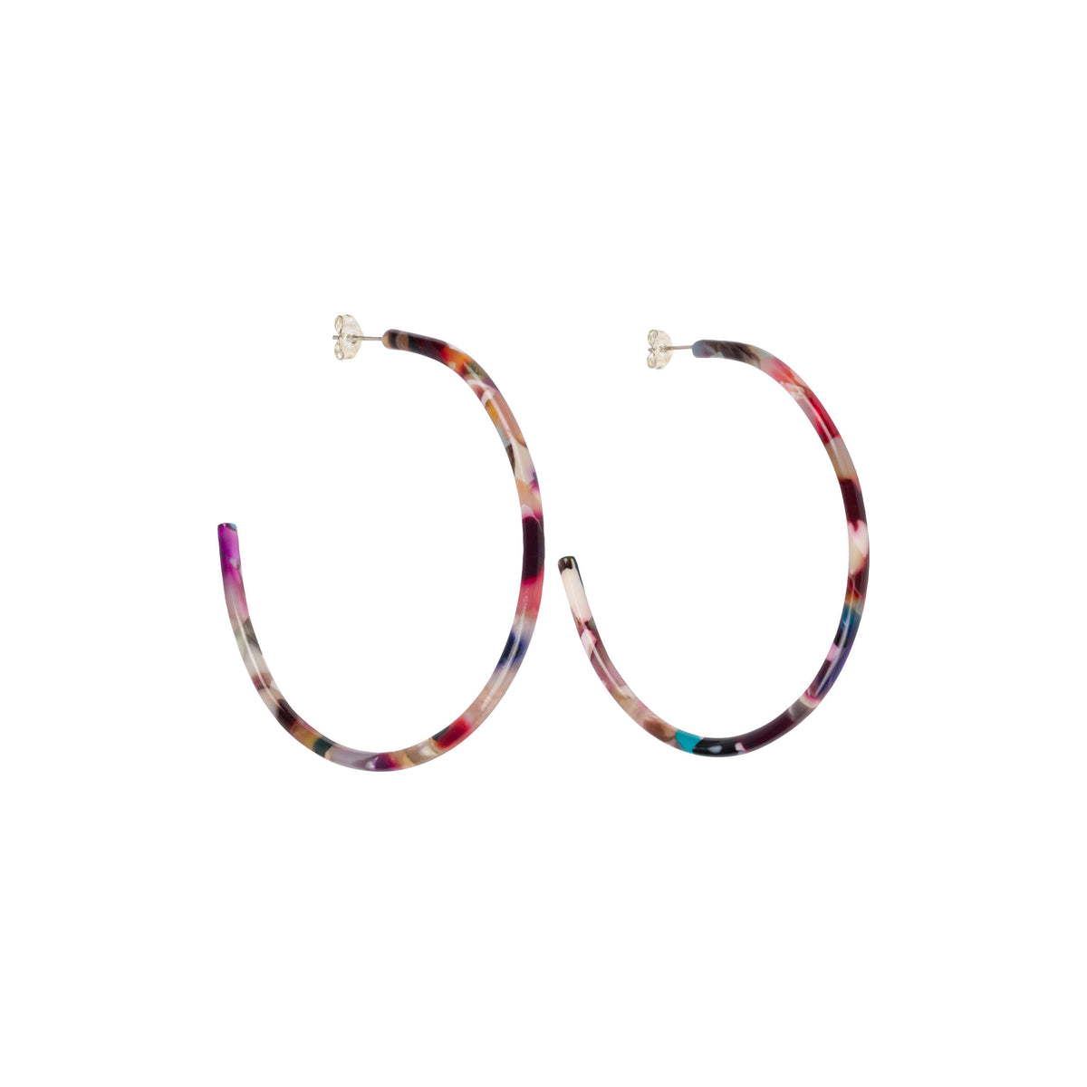 Multicolored hoop earrings on a white background