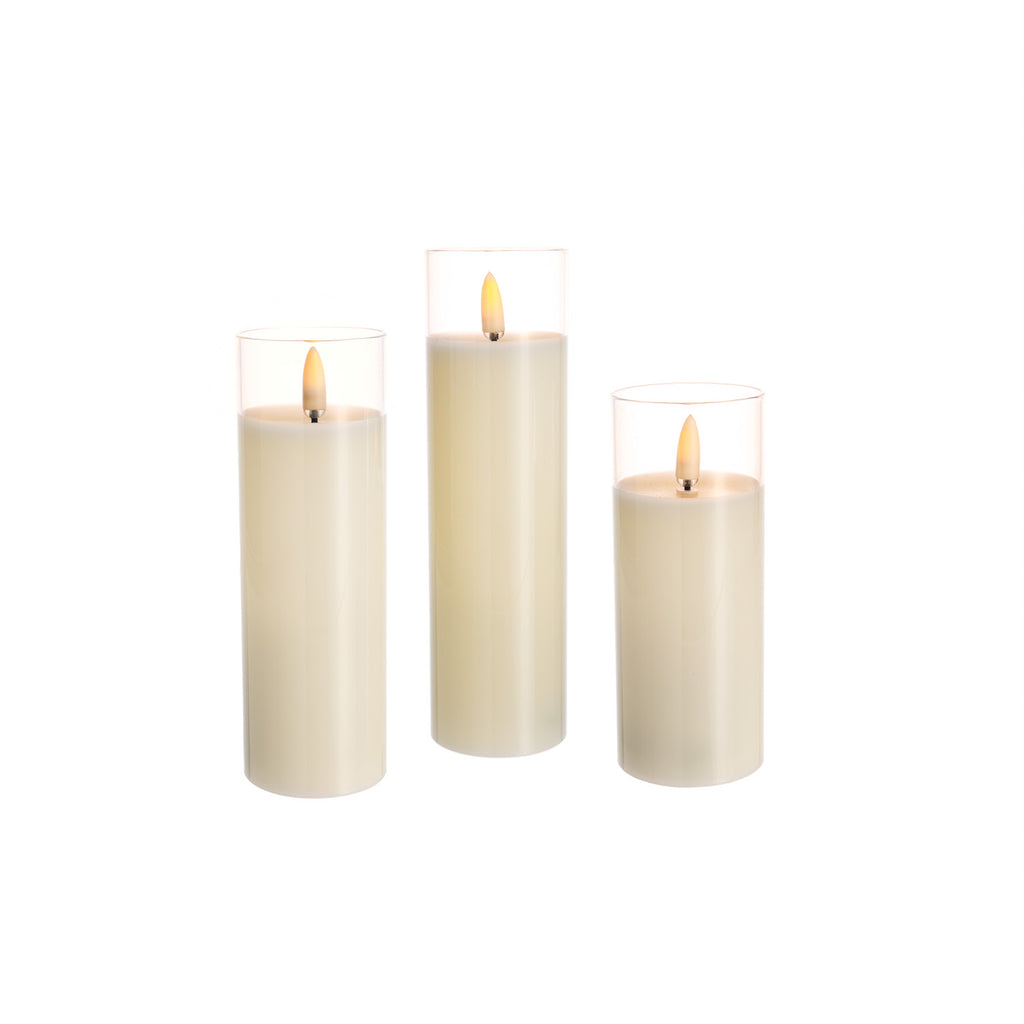 Have all the glow and charm of a lit candle without the hassle and danger of a real flame! This set of 3 is 100% paraffin wax poured into crystal-clear glass.