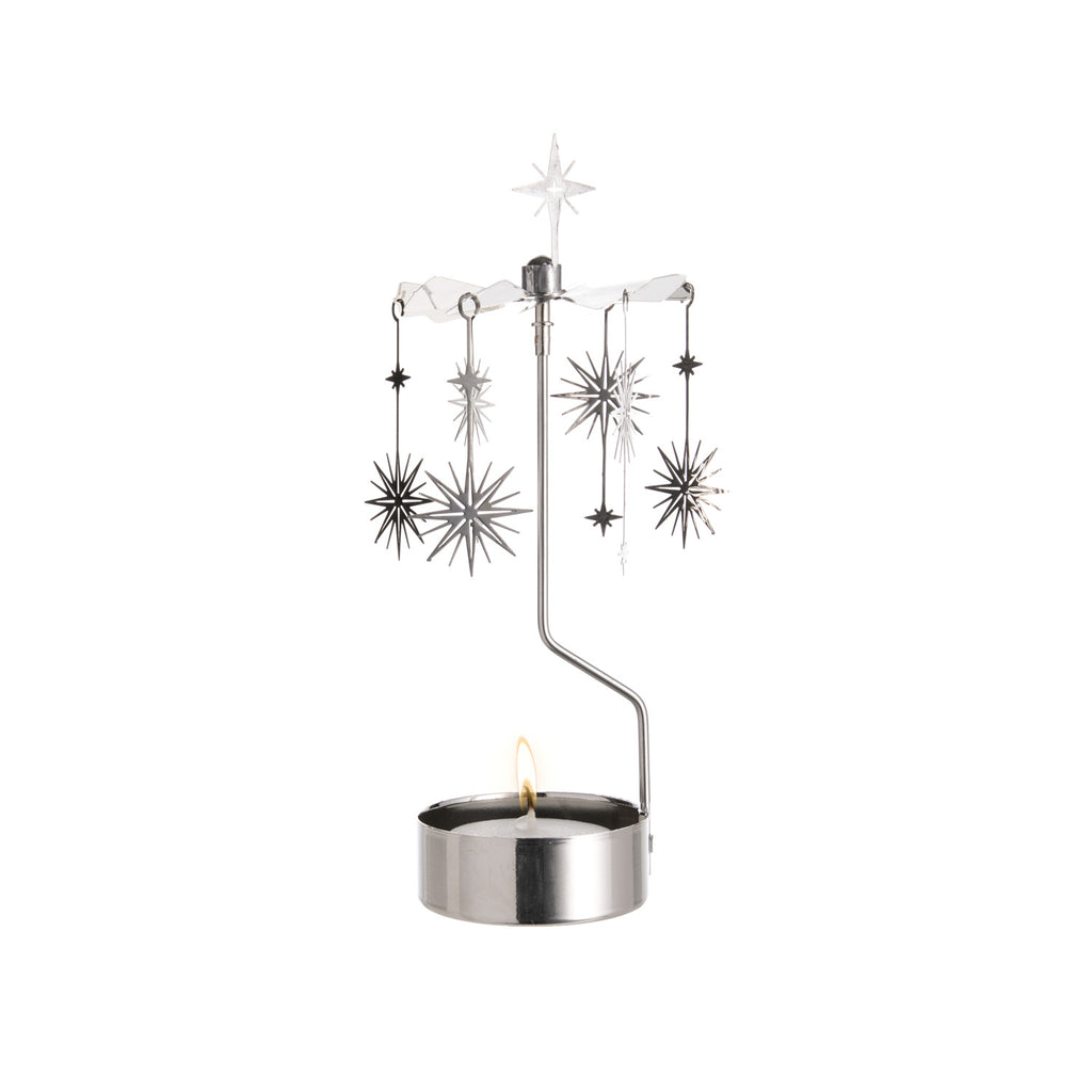 Dazzle your guests and light up a room elegantly with this star-themed candle holder. Just light the tealight, and the heat spins the chimes above.