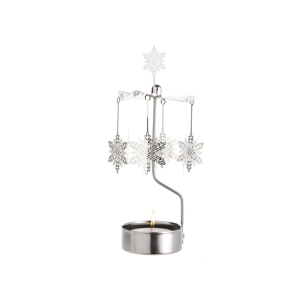 Give someone a gift as unique as the snowflakes that adorn this angel chime candle holder. Just light the tealight, and the heat spins the chimes above.