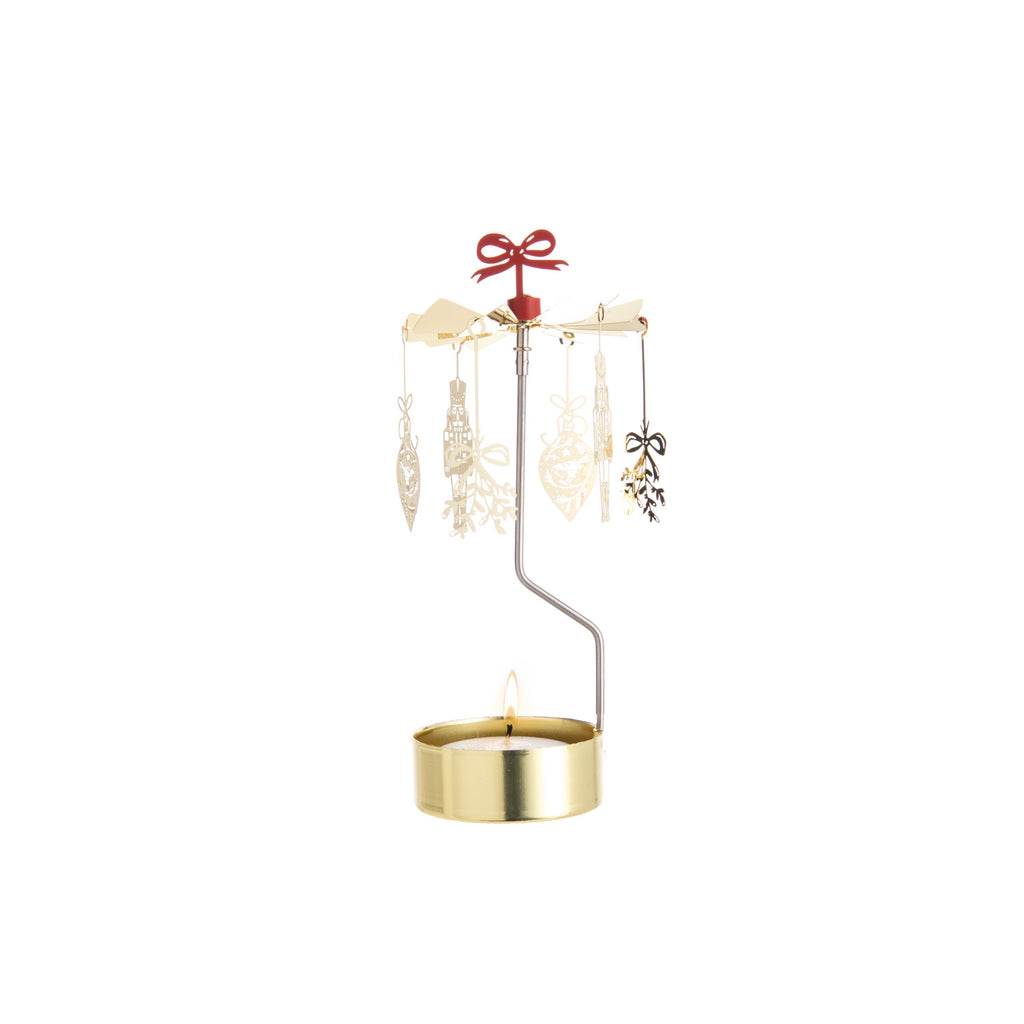 With nutcrackers, mistletoe, presents, and holly, this is the perfect blend of festive and formal. Just light the tealight, and the heat spins the chimes above.