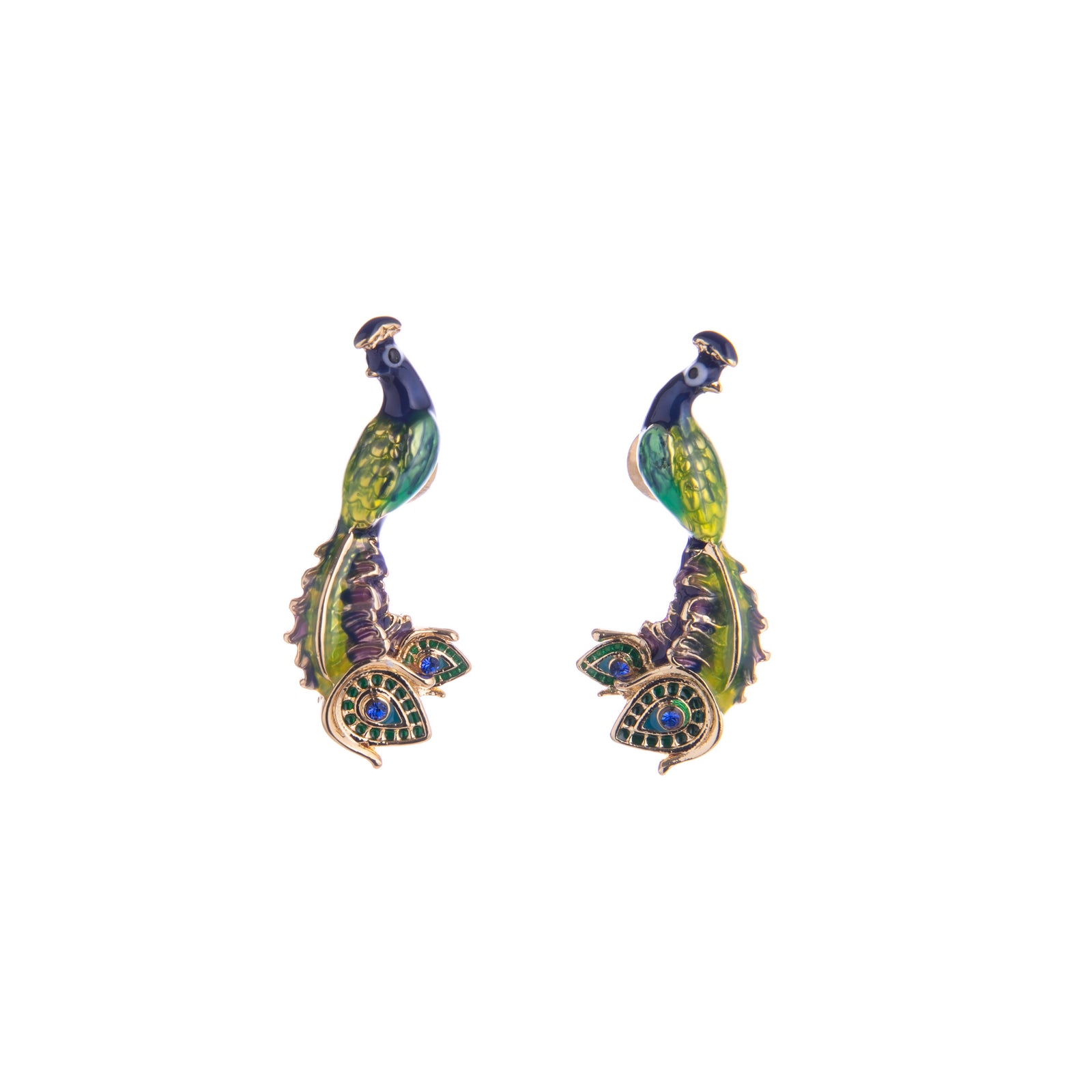 Peacocks are a symbol of strength and confidence in some cultures. Evoke that confidence with these gold-plated stud earrings featuring a hand-crafted enamel peacock. With crystal detail on the tail, these earrings will make a statement.  Dimensions: Approx. 0.4" x 1" Materials: Gold-plated Brass, Enamel Stud Post