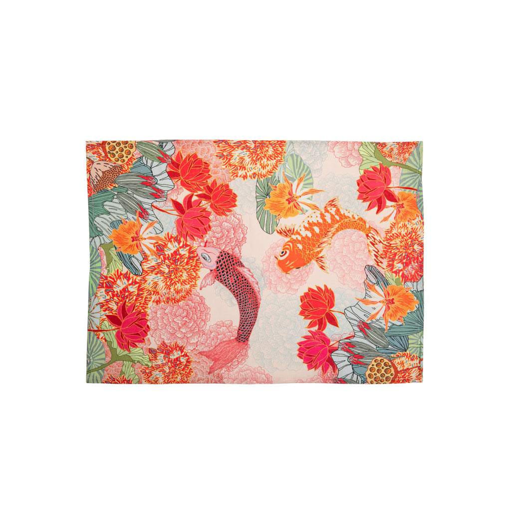 Evoke the zen nature of a lotus pond with this linen tea towel. The tea towel features red lotus flowers, irises, pink water lilies, lily pads and koi fish. 