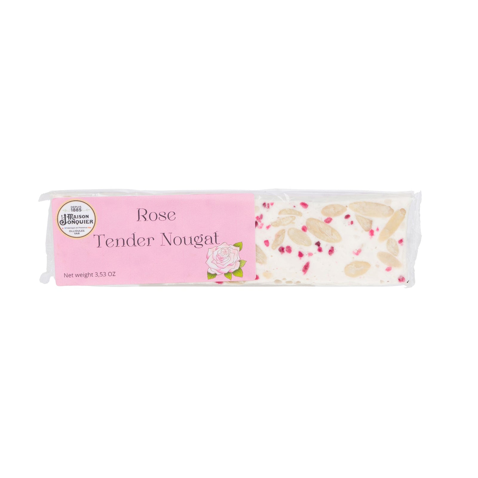 Bar of Rose Tender Nougat with pink packaging on a white background