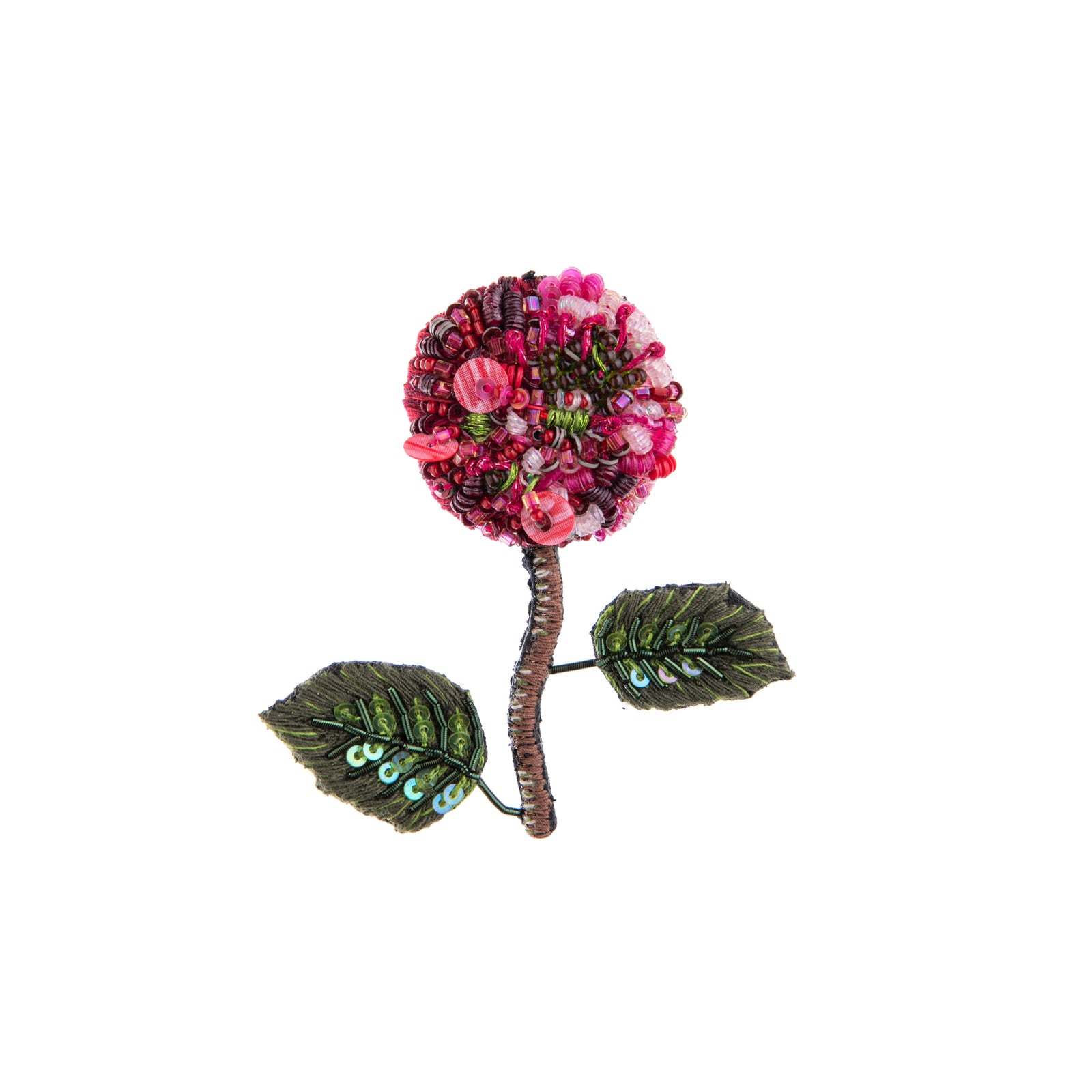 The French hydrangea is celebrated in a stunning pink in this hand-made pin. The pin features intricate beading and embroidery on a base of cotton and felt.