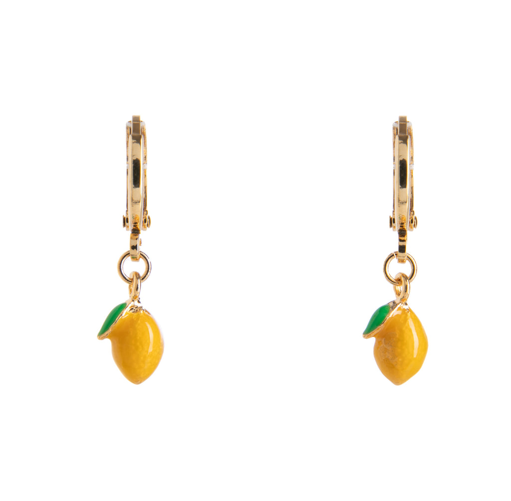 These super sweet huggies are the perfect way to add a splash of color to a simple outfit. With a glossy enamel lemon charm in sunny yellow and fresh green, these huggies are made from 14ct gold plated brass and make a wonderful addition to your existing gold jewelry collection. Dimensions: 0.25" x 1".