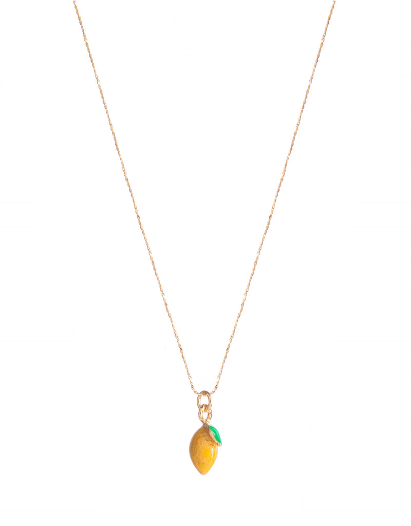 Add a fruity twist to a simple outfit with this adorable lemon pendant necklace. Made from 14ct gold plated brass, the super thin trace chain holds a dainty yellow and green enamel charm in the shape of a lemon. Materials: 14ct gold plated brass, enamel. Dimensions: Chain length - up to 18". Lemon charm: 0.25" x 0.25".