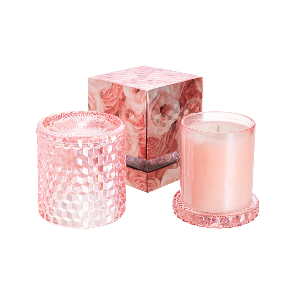 An artistically designed candle glass and cover, the ultimate in functional beauty. Use the cover to protect the candle while not in use, or as an easy way to extinguish the flame. This candle has a classic 3D cube pattern and is colored to match the rose that served as inspiration. 8.5 oz. 3.5" D x 4.5" H.