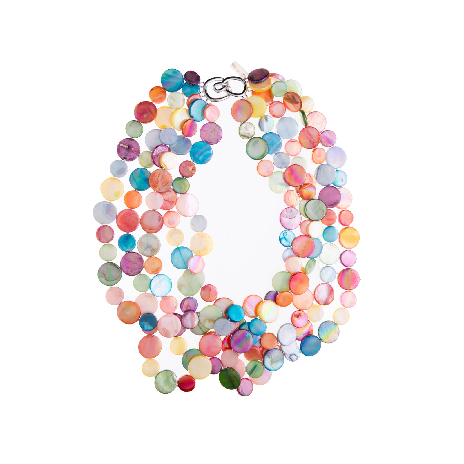 Make a bold statement with this five-strand mother of pearl coin necklace! The mother of pearl coins on this stranded necklace would go with any outfit!