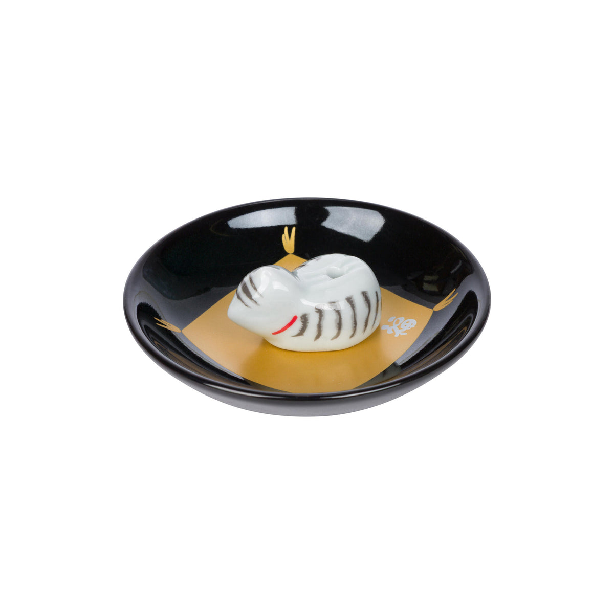 Black ceramic dish incense holder with a white cat-shaped object on a white background