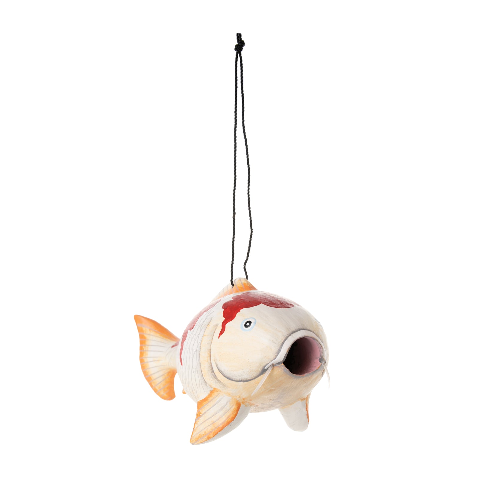 Can't afford a koi pond for your yard? No problem, add the koi's majestic beauty to your outdoor area with a koi fish birdhouse.  This wooden koi birdhouse is sure to delight the birds that visit, while adding color and whimsy to your yard. Comes ready to hang.  Dimensions: approx. 14" x 5" 6.5" 