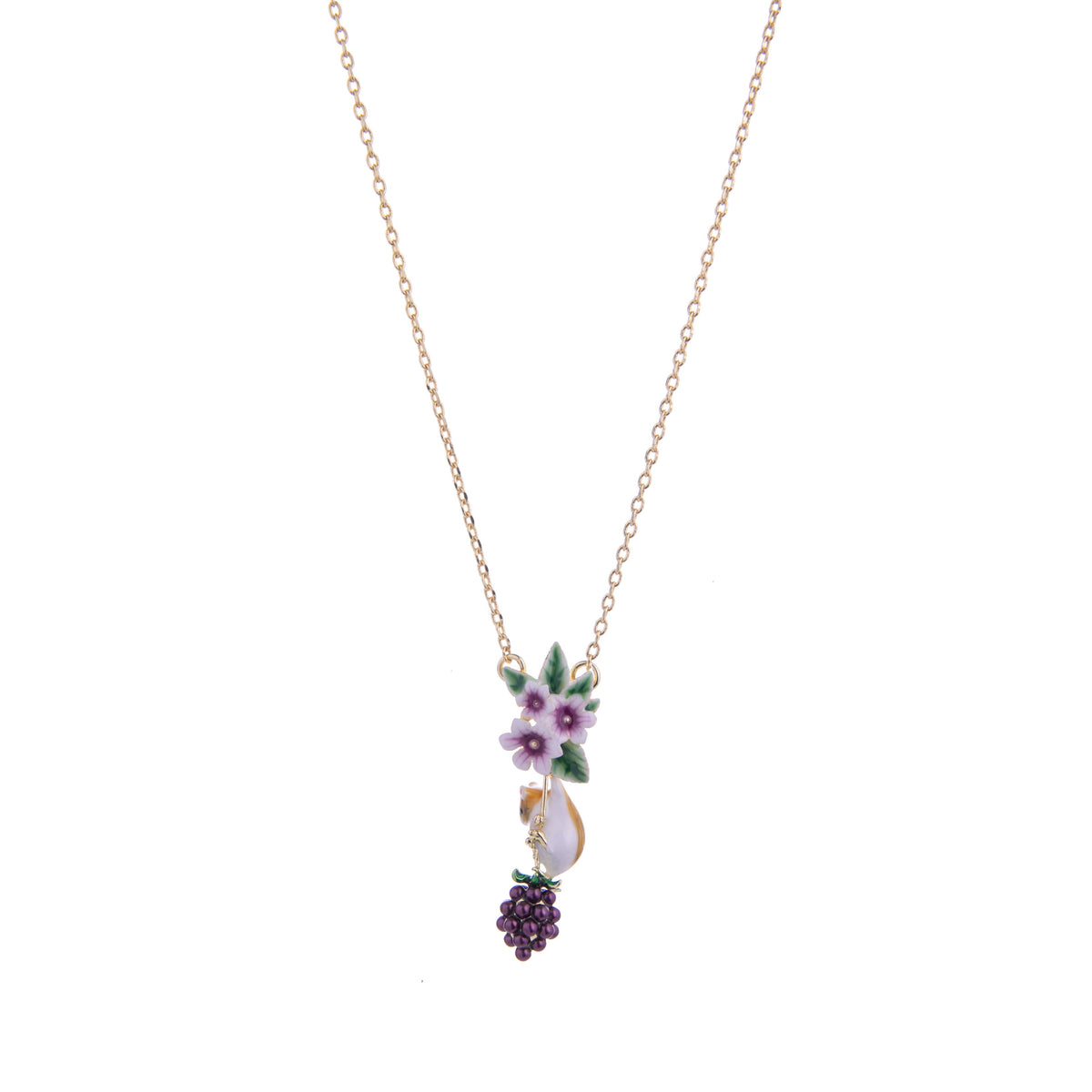 This Blackberry and Mouse pendant necklace adds a whimsical touch to your outfit and can be worn daily or as a statement piece. With floral detail and gold plating, this would be unique in any jewelry collection.  Material: Gold-plated enamel Dimensions: Approx. 1.3&quot; pendant length, 16&quot; chain length Lobster claw clasp