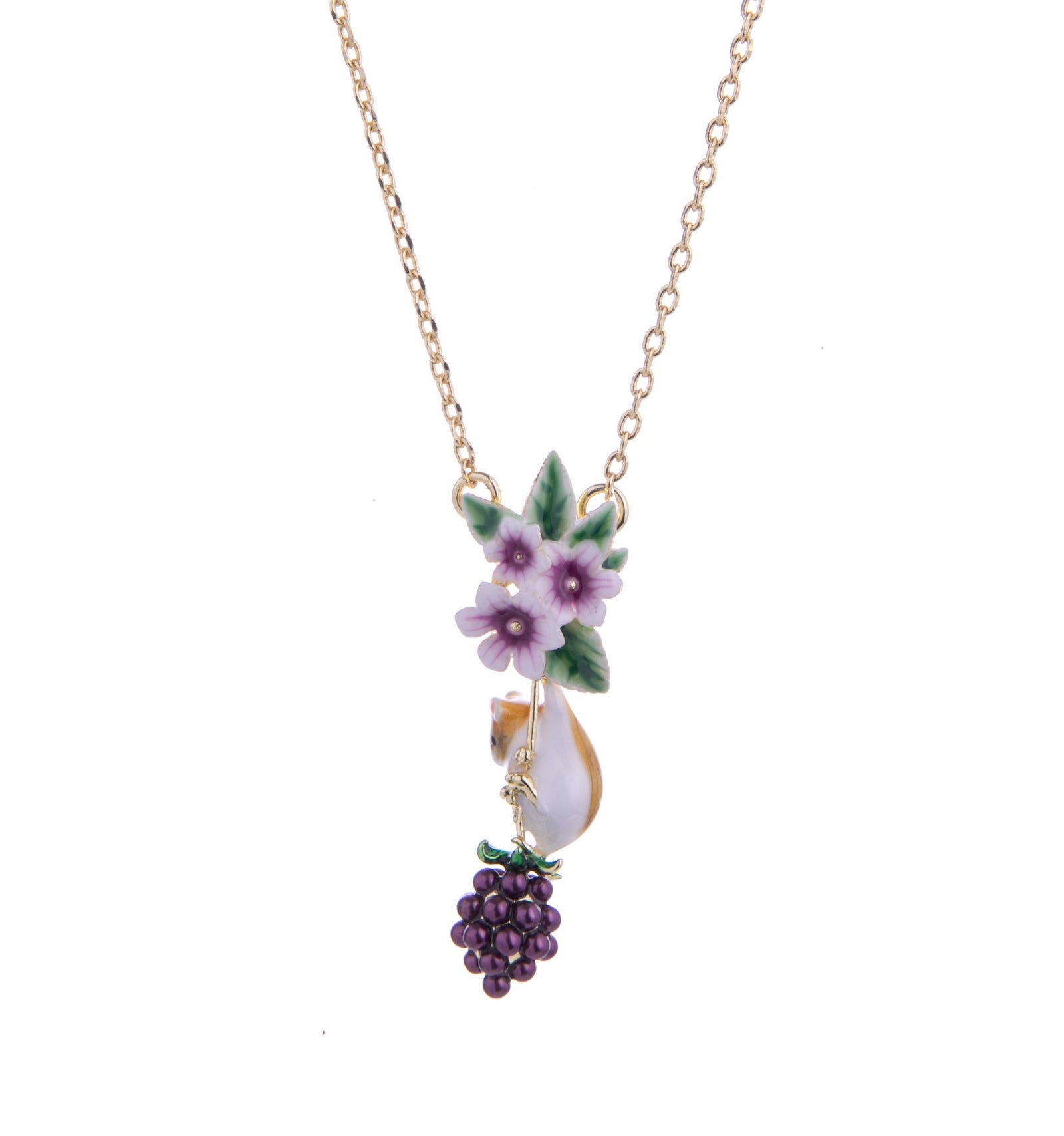 This Blackberry and Mouse pendant necklace adds a whimsical touch to your outfit and can be worn daily or as a statement piece. With floral detail and gold plating, this would be unique in any jewelry collection.  Material: Gold-plated enamel Dimensions: Approx. 1.3" pendant length, 16" chain length Lobster claw clasp