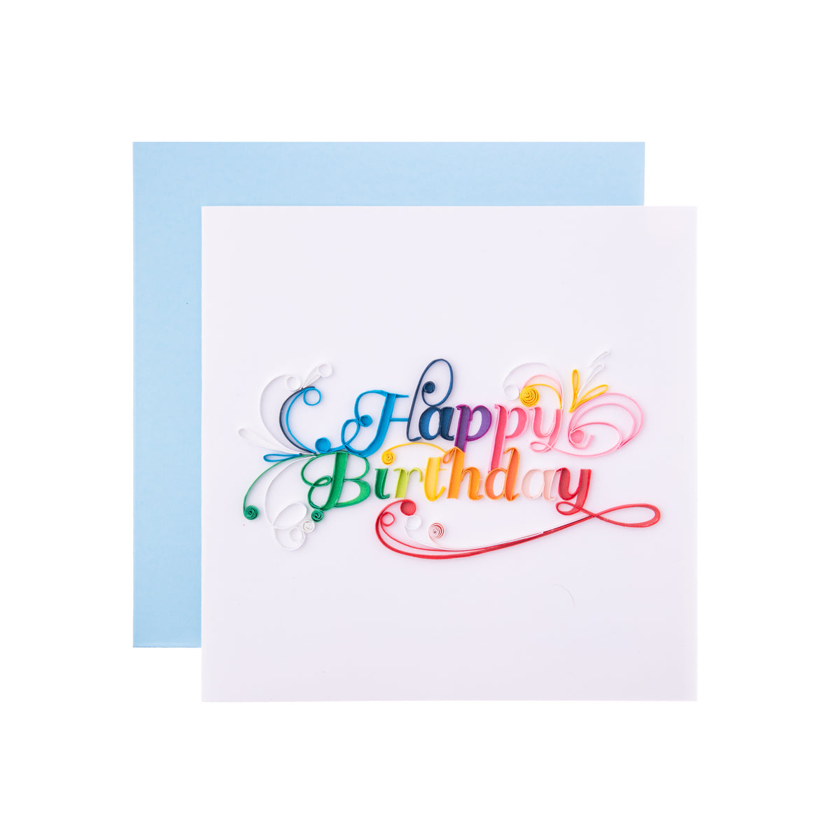 Say &#39;Happy Birthday&#39; with this intricately quilled card in rainbow colors. The colors on this card make for a wonderful birthday card. Each quilled card is handmade by a skilled artisan. Outside Copy: Happy Birthday Inside Copy: Blank plus additional blank insert Size: 6 in. x 6 in. Envelope Color: Light Blue