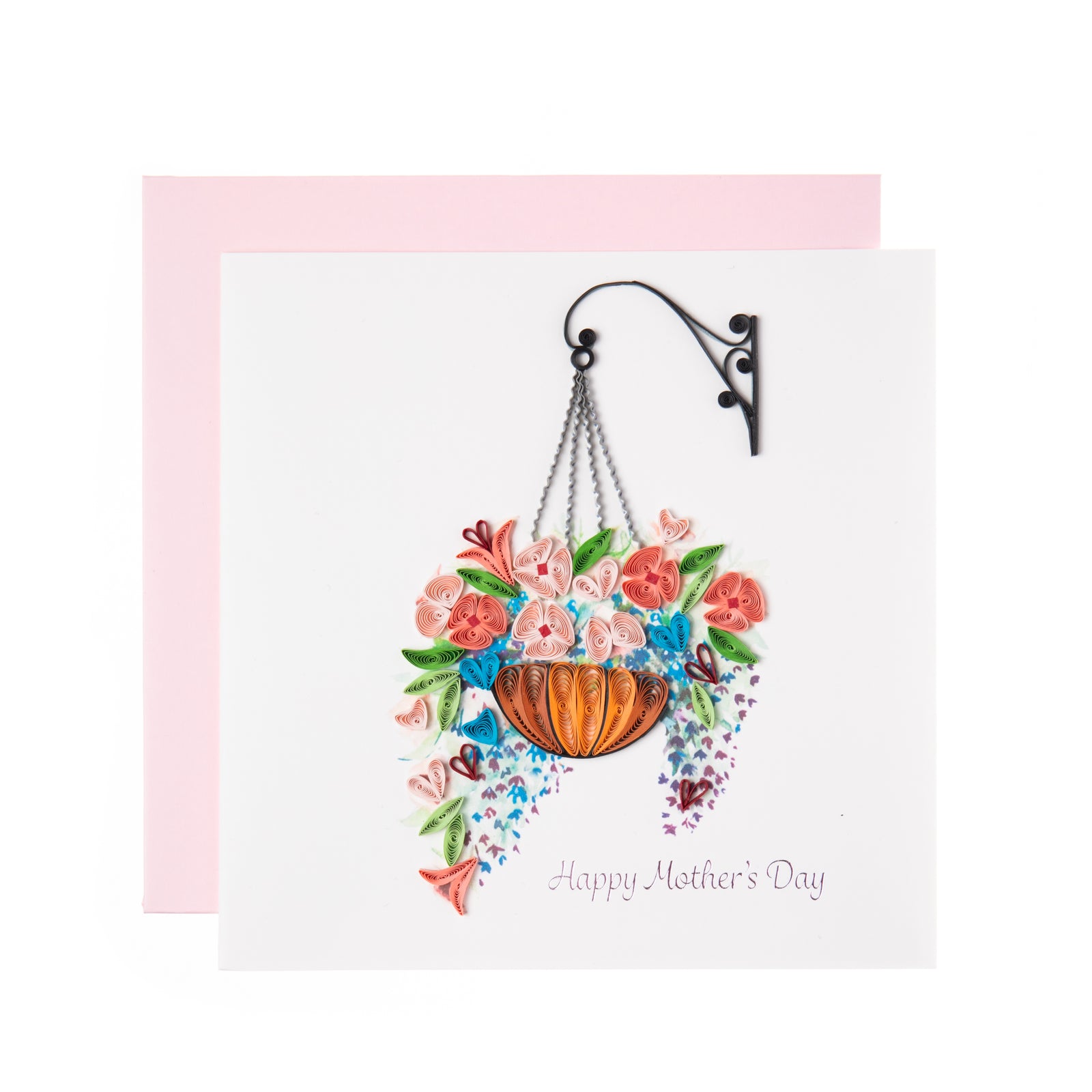 A handmade quilled card with a hanging basket of flowers design, featuring 'Happy Mother's Day' text, accompanied by a pink envelope.