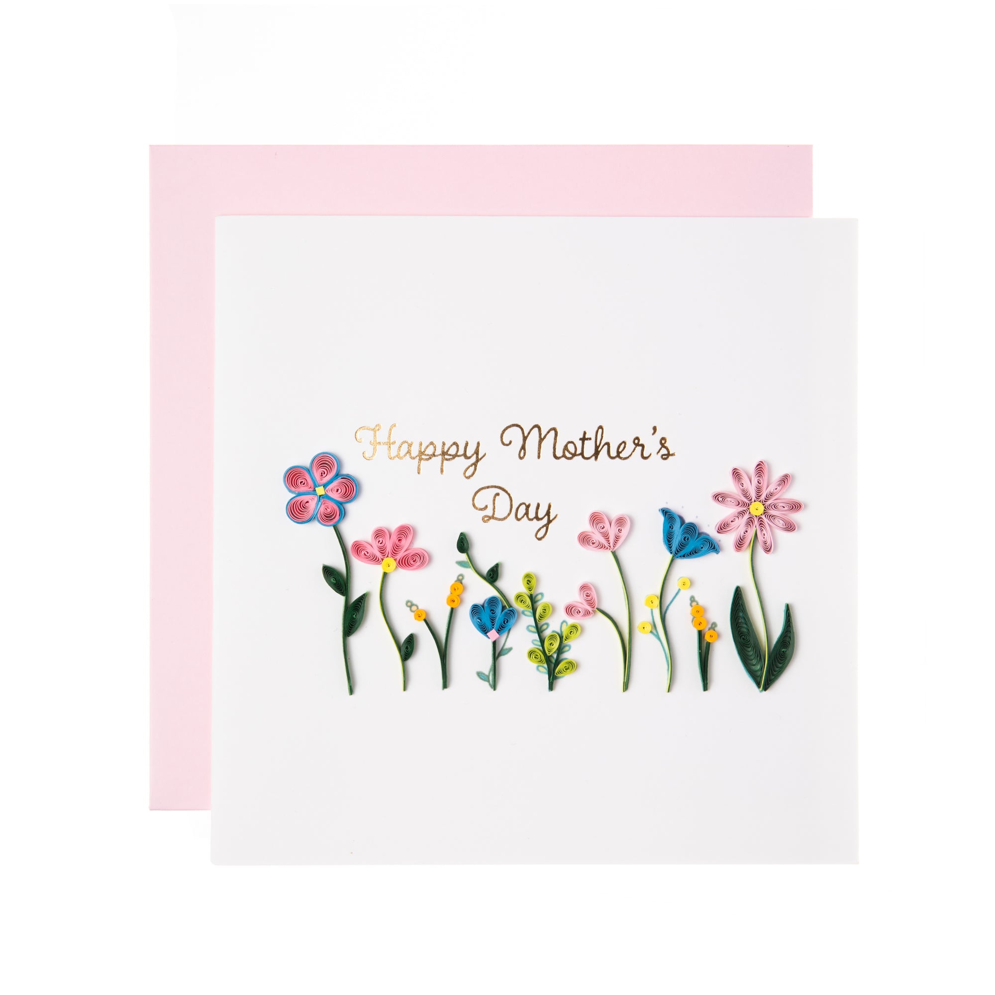 The Mother's Day Wildflowers Card is the perfect card to give to your mom on Mother's Day. This card features a variety of stunning quilled wildflowers, Above the design it reads, Happy Mother's Day in rose gold metallic lettering. Each quilled card is handmade by a skilled artisan and takes one hour to create. 6"x6". 