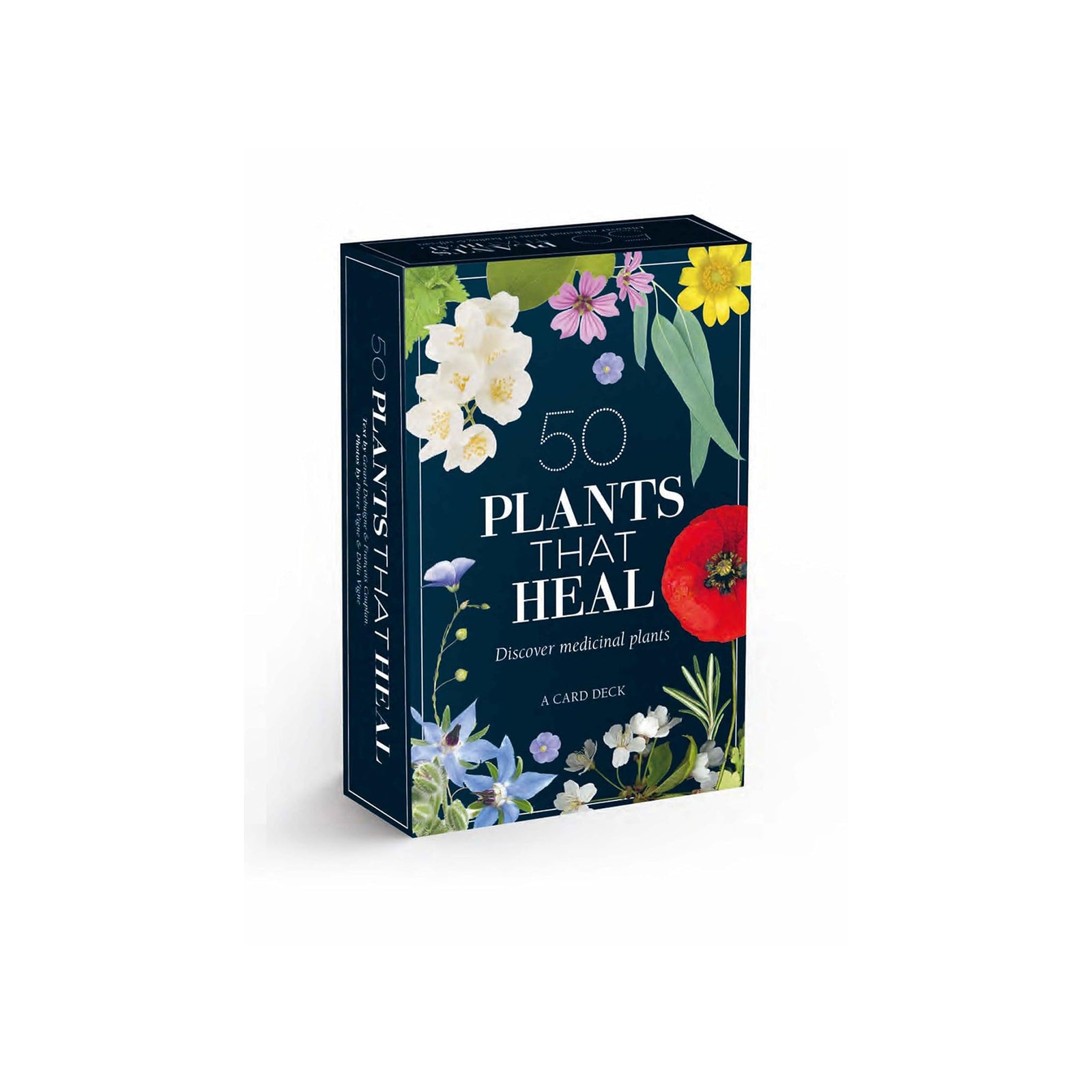 Card deck packaging titled '50 Plants That Heal' with floral designs on a white background