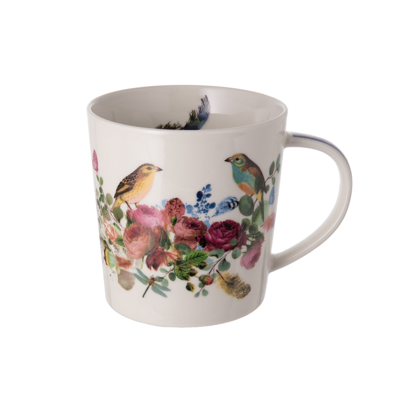 Start you day with a chorus of admiration with this 'Bird Conversation' bone China mug. The outside of the mug features a colorful design of birds and flowers, with a single feather decorating the interior. Made from fine bone China and presented in a matching gift box. 13.5 oz. Dishwasher/Microwave safe.