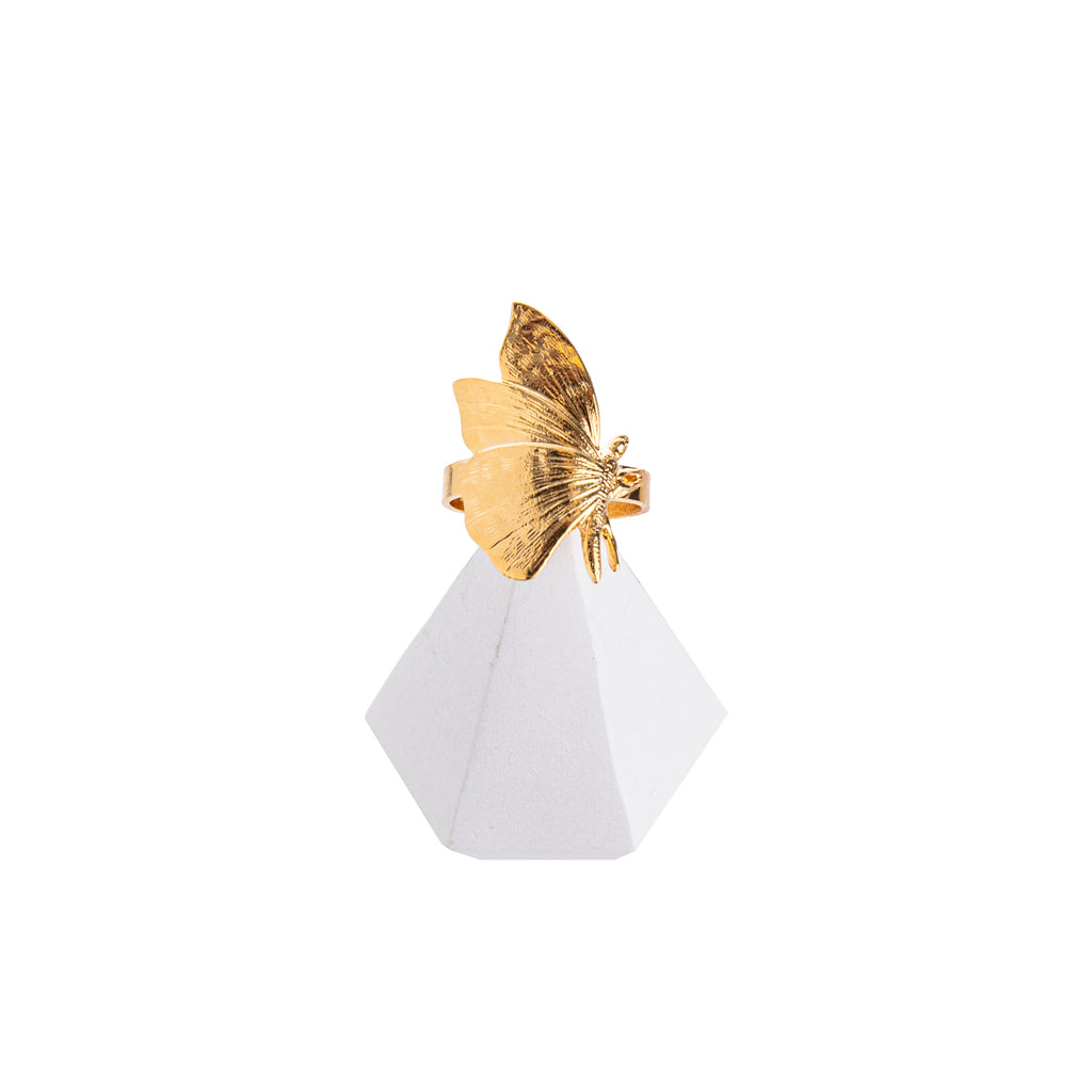 This warm, golden butterfly will add a touch of gilded elegance to any outfit. This detailed, gold-plated ring has an adjustable band for the perfect, comfortable fit. Made by hand by jewelry designer Lotta Djossou in Paris, France. Gold plated. Nickel free Adjustable band - one size fits most.