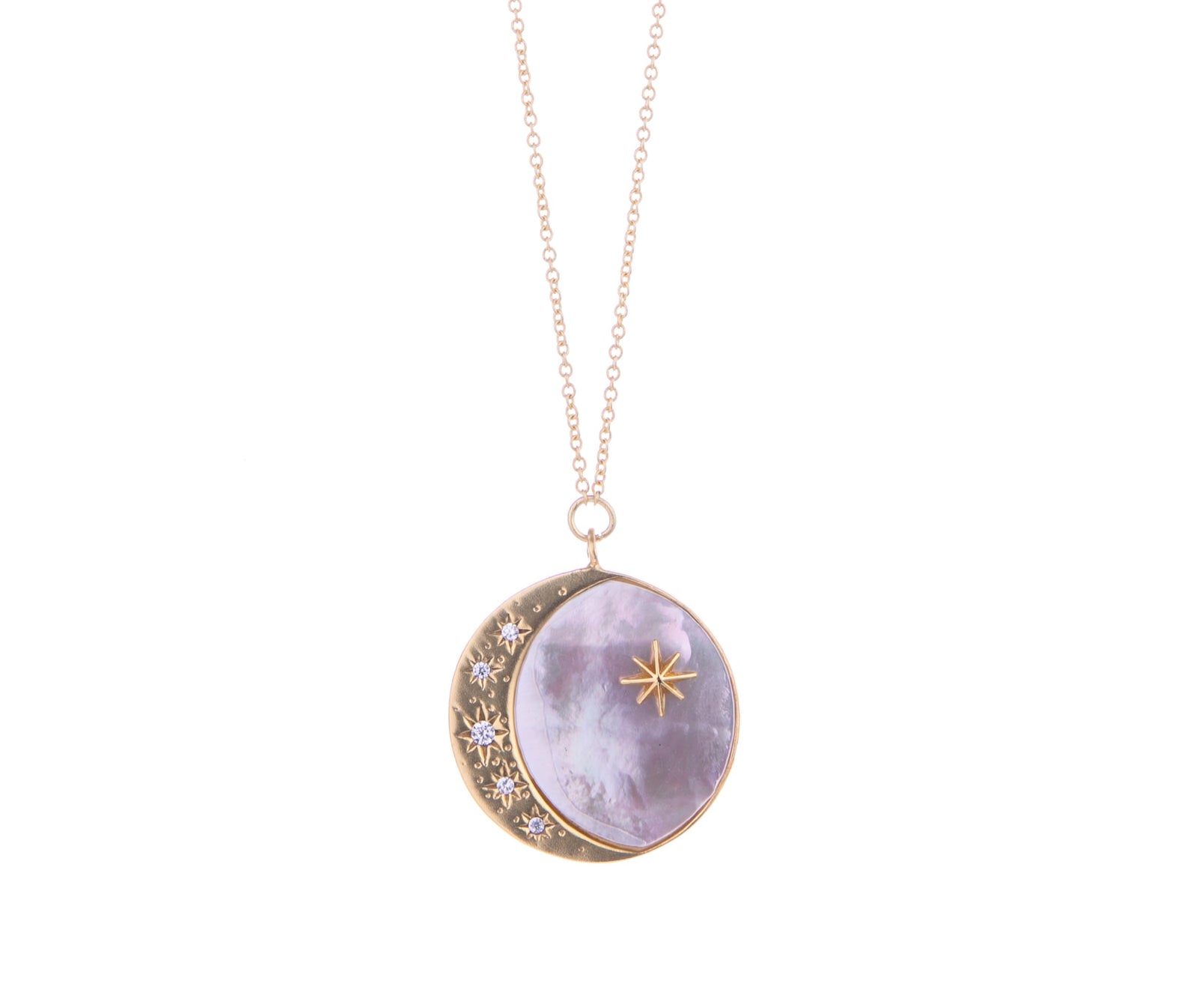 This Crescent Moon Mother of Pearl pendant necklace has CZ stars, gold plated chain, and mother of pearl inlay that shimmers bright. Wear with other gold jewelry or on its own for a standout piece. Materials: Gold-plated Brass, Mother of Pearl, CZ Dimensions: Chain length 15" with 2" extender Lead and Nickel-free