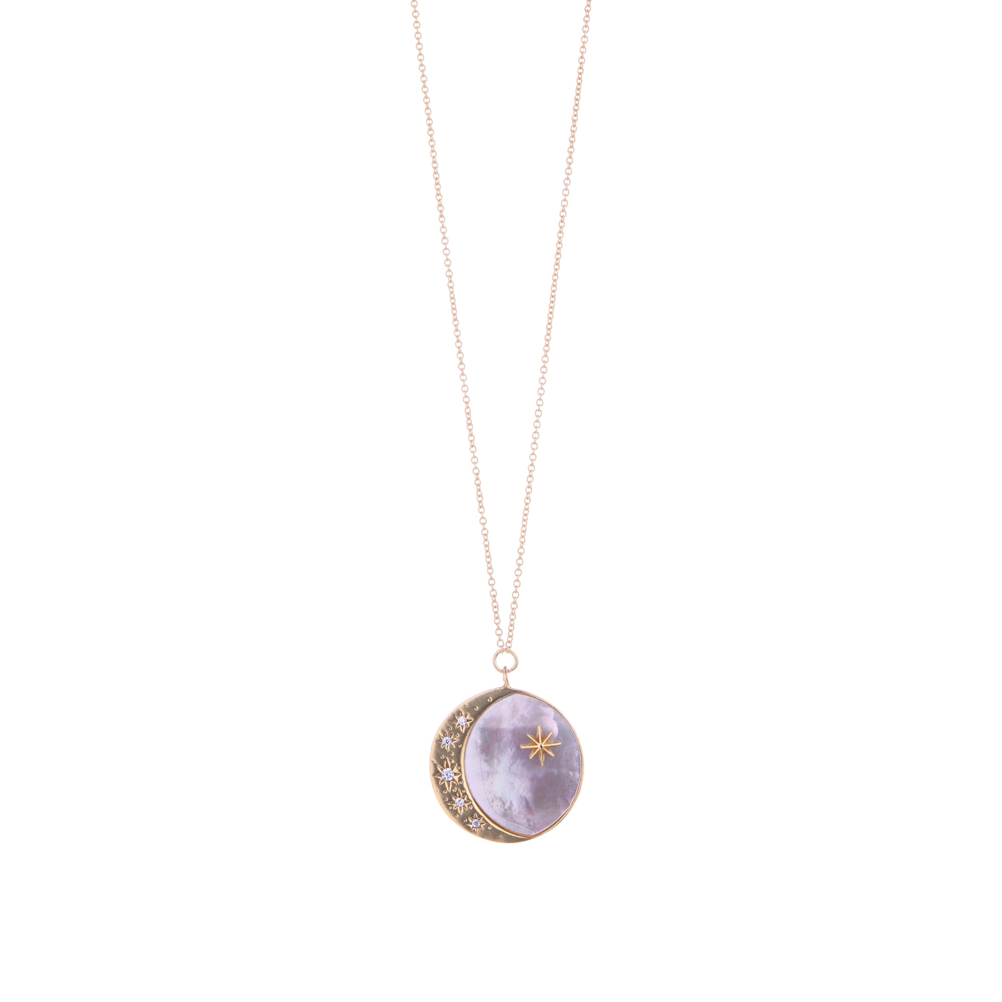 This Crescent Moon Mother of Pearl pendant necklace has CZ stars, gold plated chain, and mother of pearl inlay that shimmers bright. Wear with other gold jewelry or on its own for a standout piece. Materials: Gold-plated Brass, Mother of Pearl, CZ Dimensions: Chain length 15" with 2" extender Lead and Nickel-free