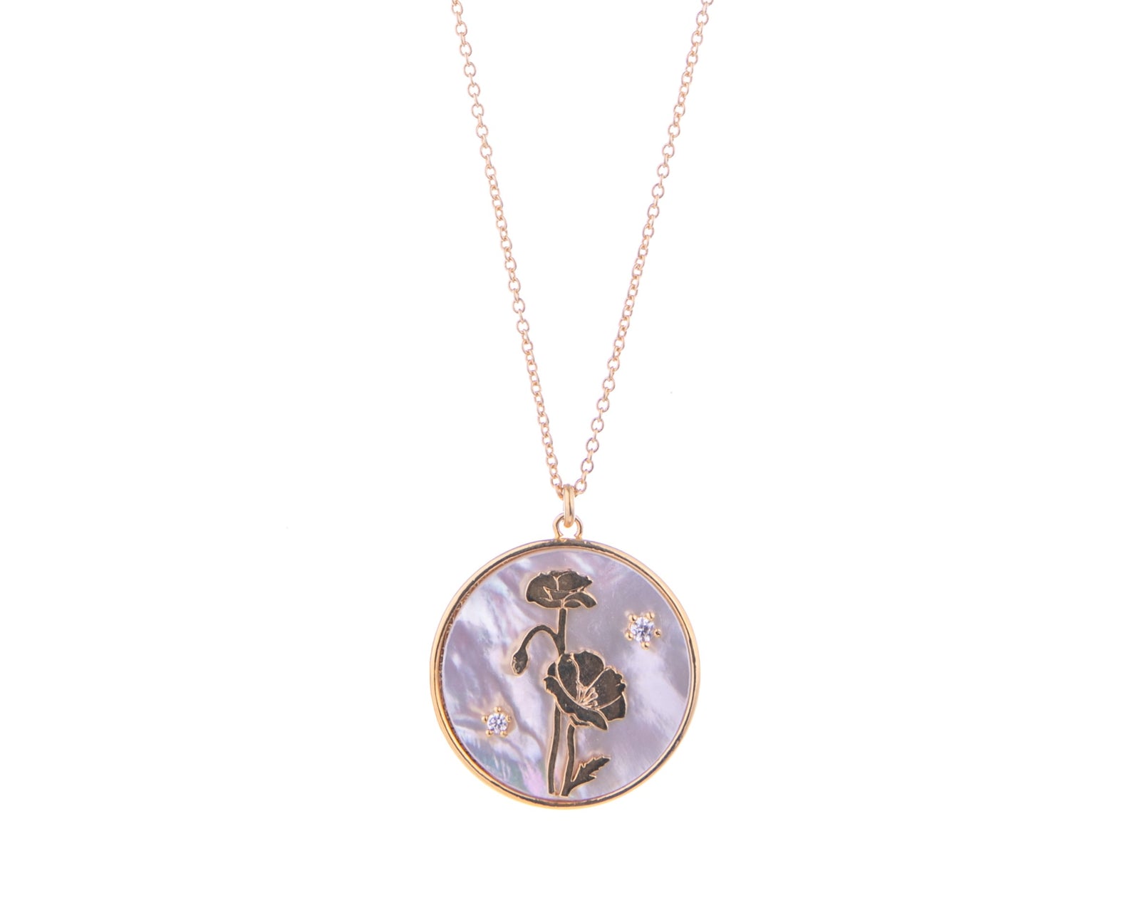 This Mother of Pearl Flower Pendant necklace has CZ detail, gold plating, and a mother of pearl coin pendant featuring flowers that are as pretty as the real thing! Wear with layers of gold necklaces or on its own. Materials: Gold-Plated Brass, Mother of Pearl, CZ Dimensions: 16-18" length Lead, Nickel-free
