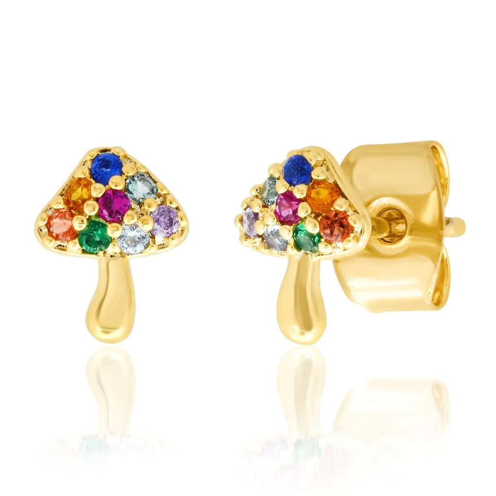 Elevate your style with these enchanting mushroom studs. These vibrant earrings boast multicolored crystals that will brighten up your look. These earrings will add a playful splash of sparkle to any outfit. Materials: gold-plated brass and cubic zirconia crystals Post fastening Dimensions: 0.25" x 0.25".