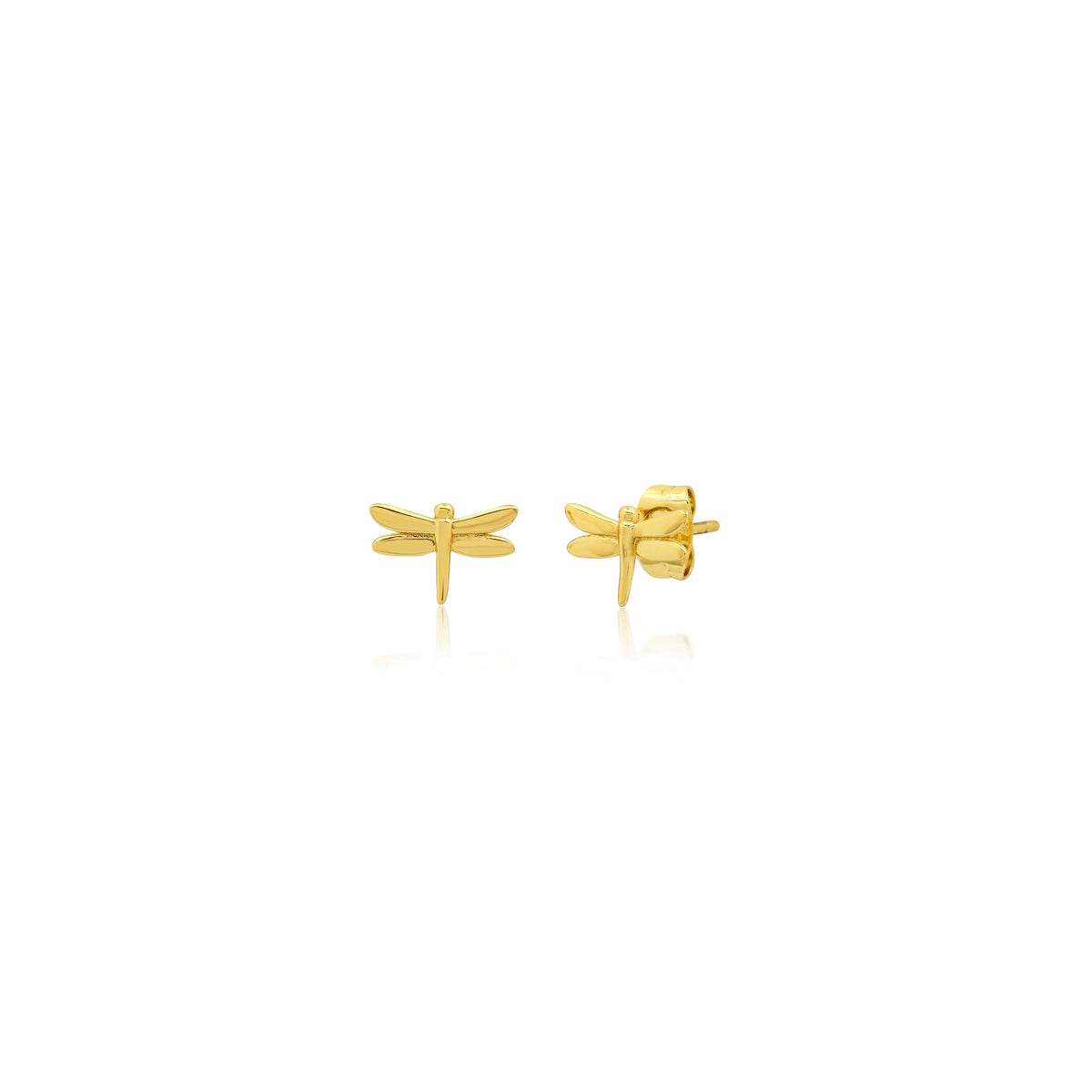 A pair of small gold dragonfly stud earrings shown on a clean white background, with one earring facing forward and the other showing the side/back clasp.