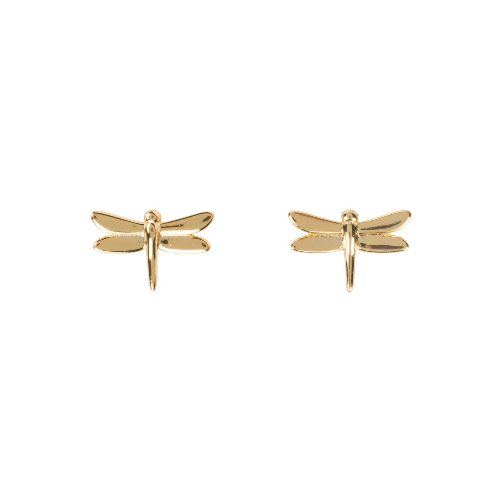 A pair of small gold dragonfly stud earrings shown on a clean white background, with one earring facing forward and the other showing the side/back clasp.
