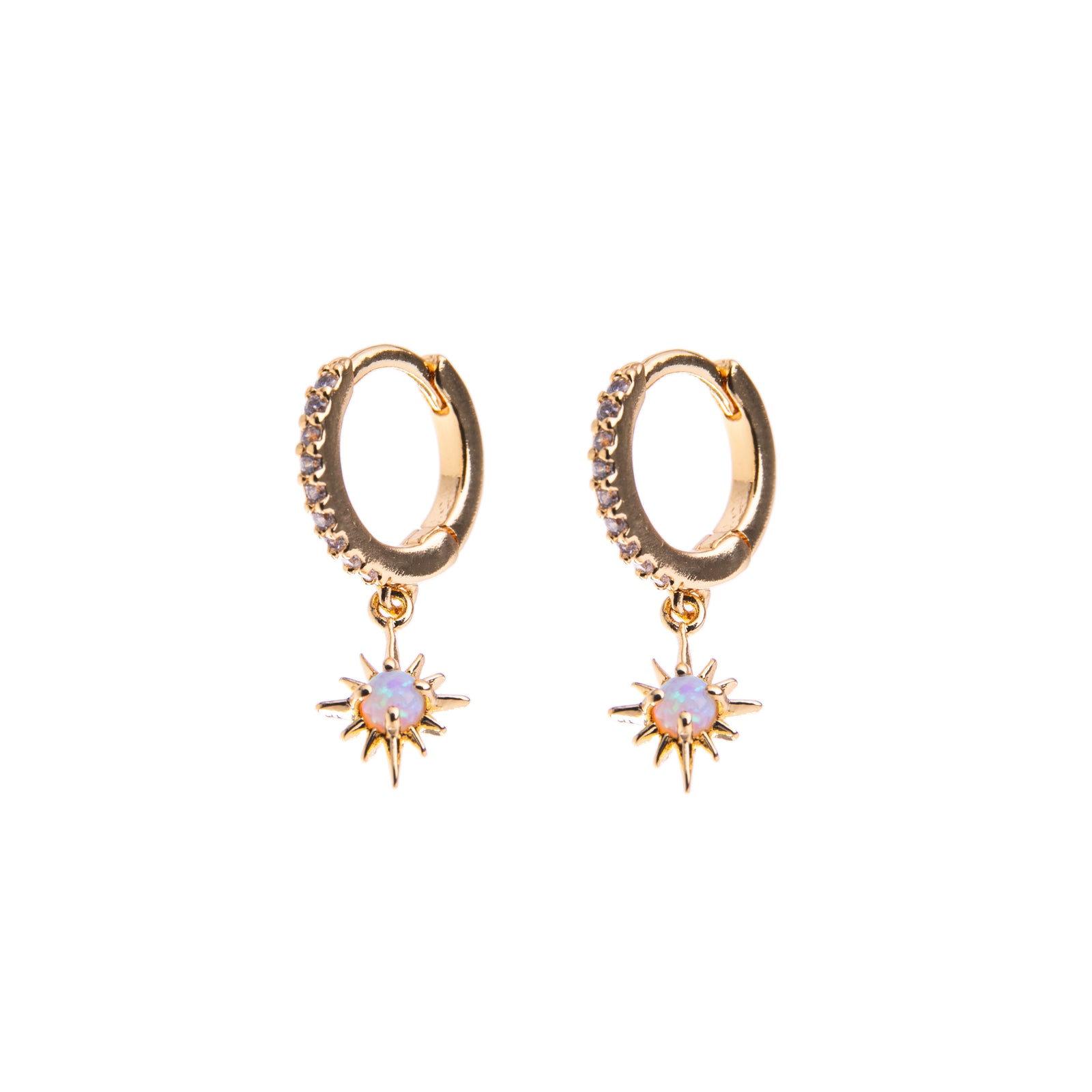 These mini huggie hoop earrings featuring an opal starburst are perfect for day-to-day wear and are a cute accent on their own or layered with other earrings. With opal detail in the middle, these earrings shimmer and sparkle just like a real star. Material: Gold-plated Brass, CZ Dimensions: Lead, Nickel-free