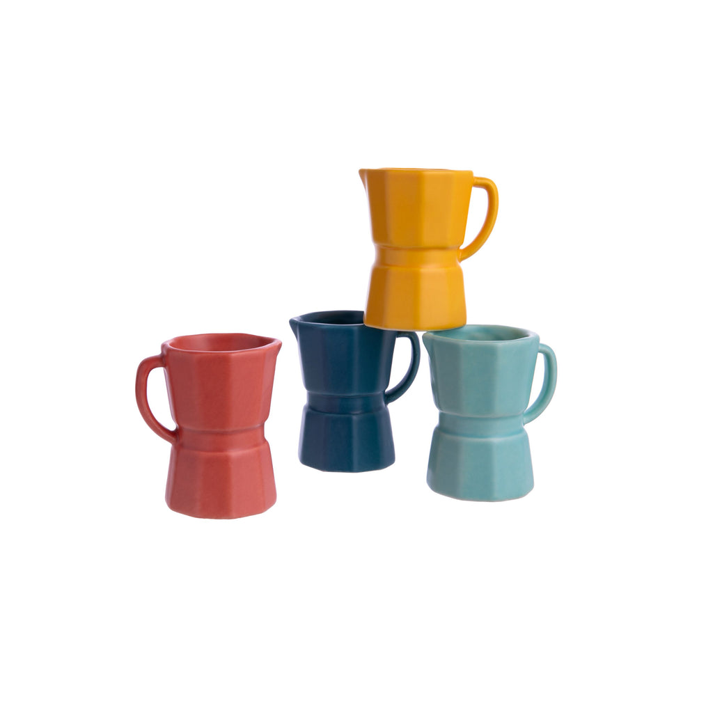 The perfect gift for the coffee lover in your life! This whimsical espresso cup set features four ceramic espresso cups in colorful hues, shaped like a traditional Italian coffee maker. Set of four ceramic espresso cups Microwave and dishwasher safe Cup capacity: 1.1oz Cup size: 3" x 2.4"