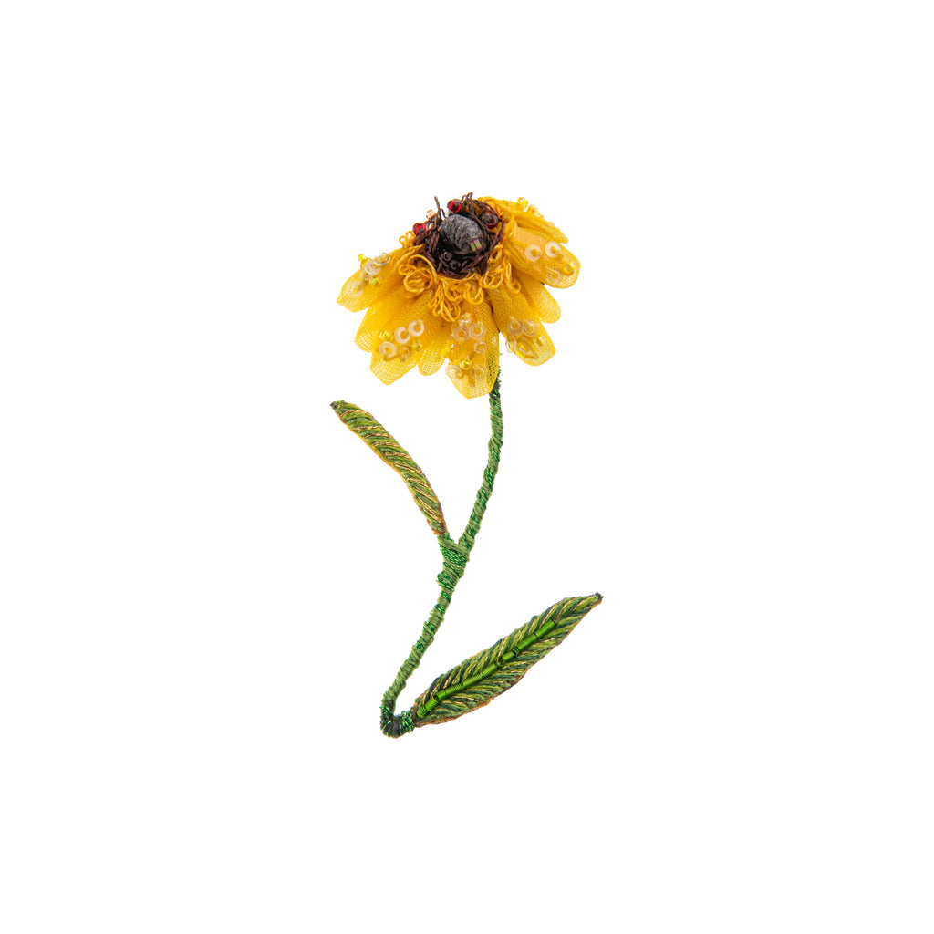 Celebrate the classic black eyed susan flower with this intricate hand-embroidered pin. With detailed beadwork and embroidery on a base of cotton and felt.