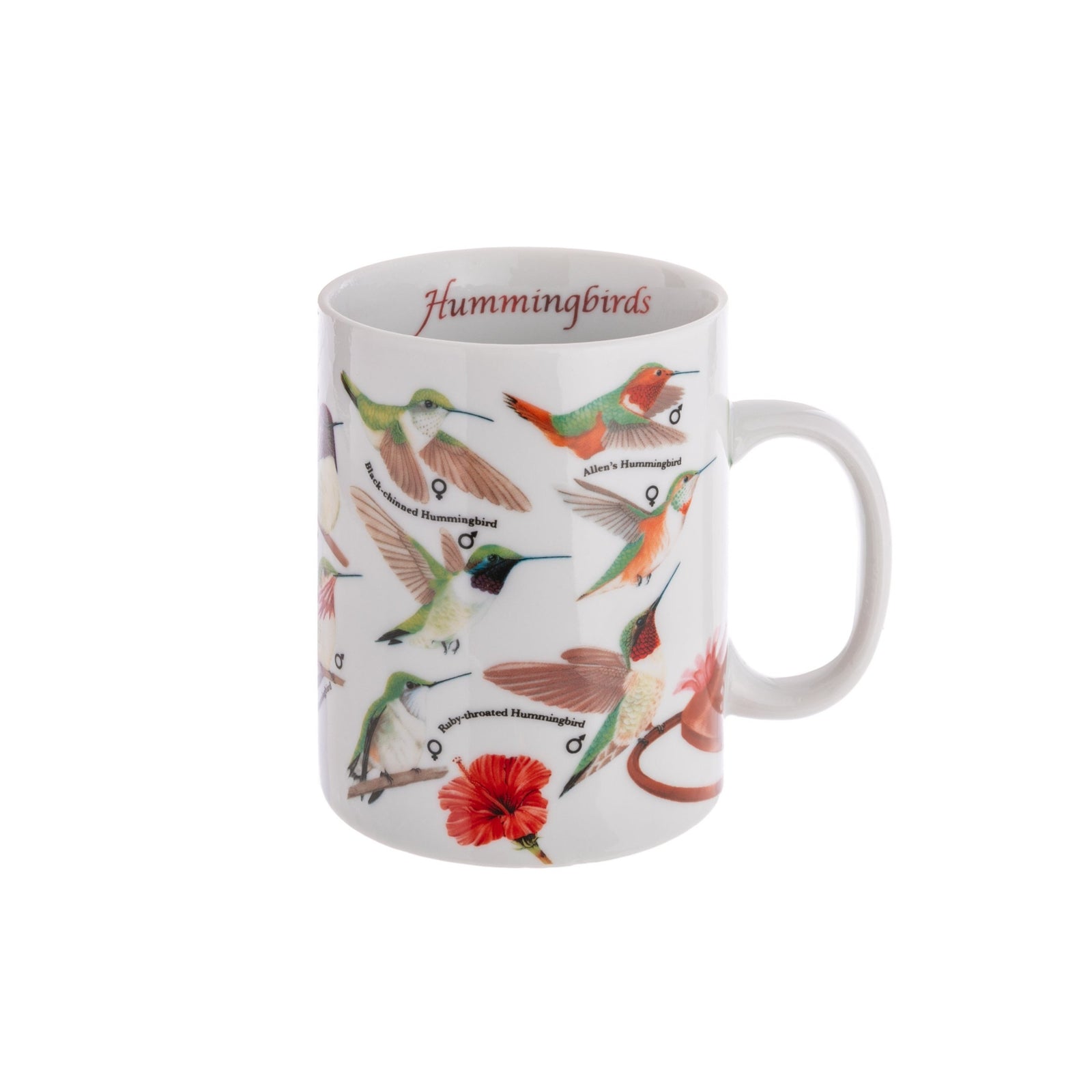 A white ceramic mug with various illustrations of hummingbirds and a flower design.