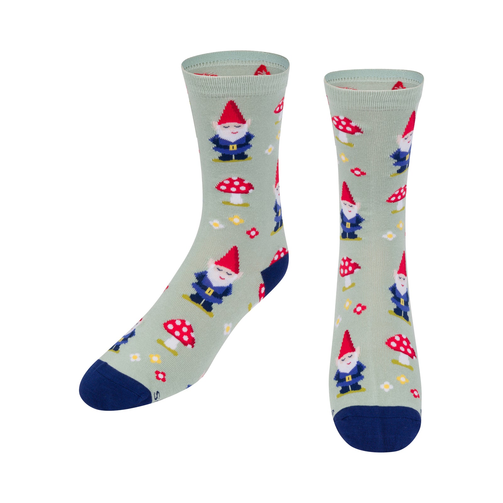 Colorful socks with gnome and mushroom design on a light gray background