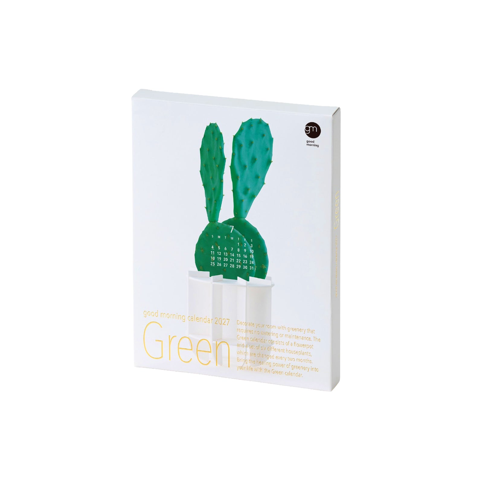 A 2027 Good Morning Calendar featuring a green cactus design on a white box, photographed against a clean white background.