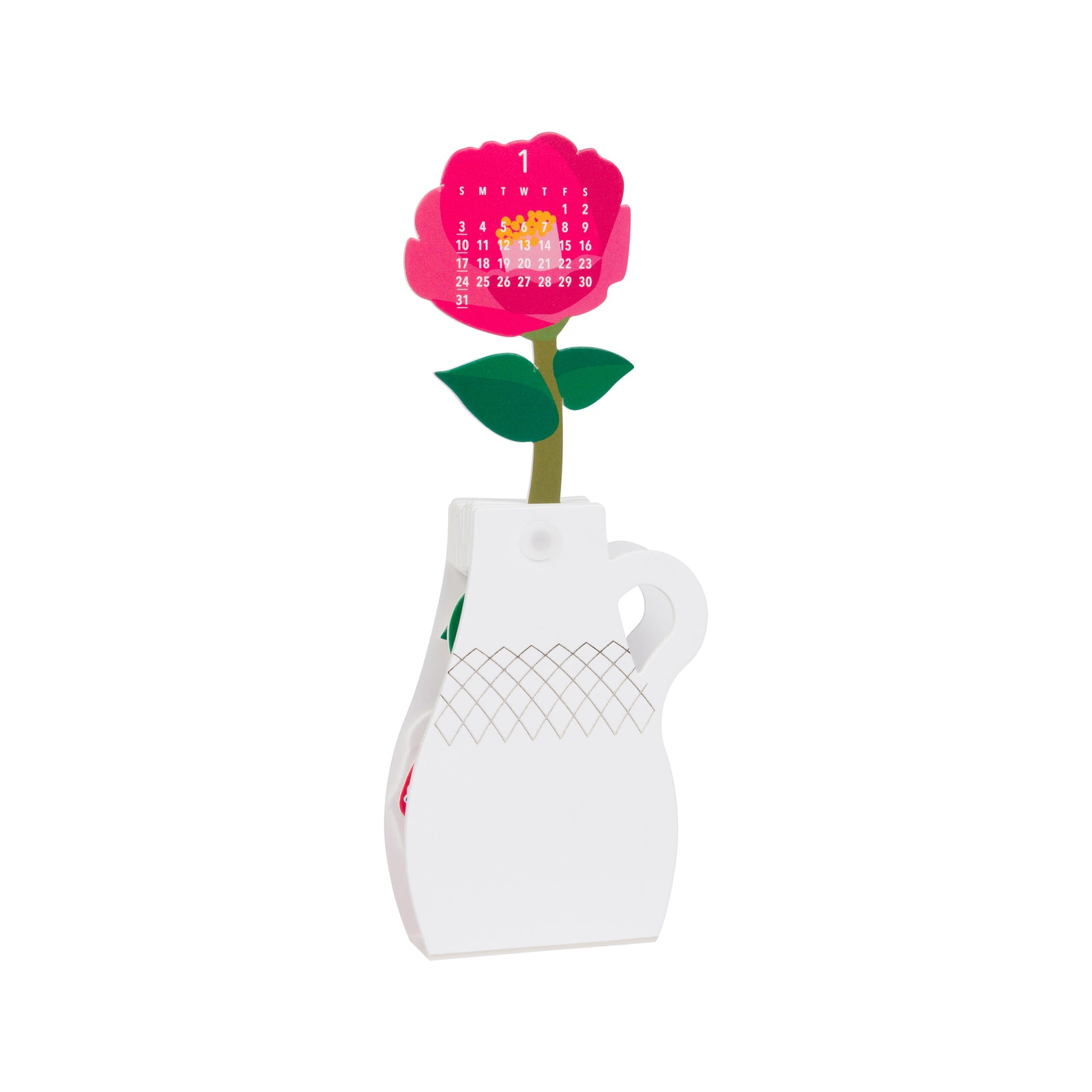 A colorful paper flower bouquet 2027 desk calendar with layered petals in red, pink, blue, yellow, and white, arranged in a white ceramic-style vase on a plain white background.