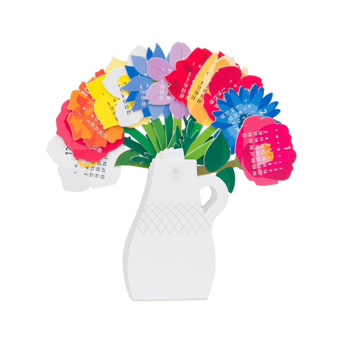 A colorful paper flower bouquet 2027 desk calendar with layered petals in red, pink, blue, yellow, and white, arranged in a white ceramic-style vase on a plain white background.
