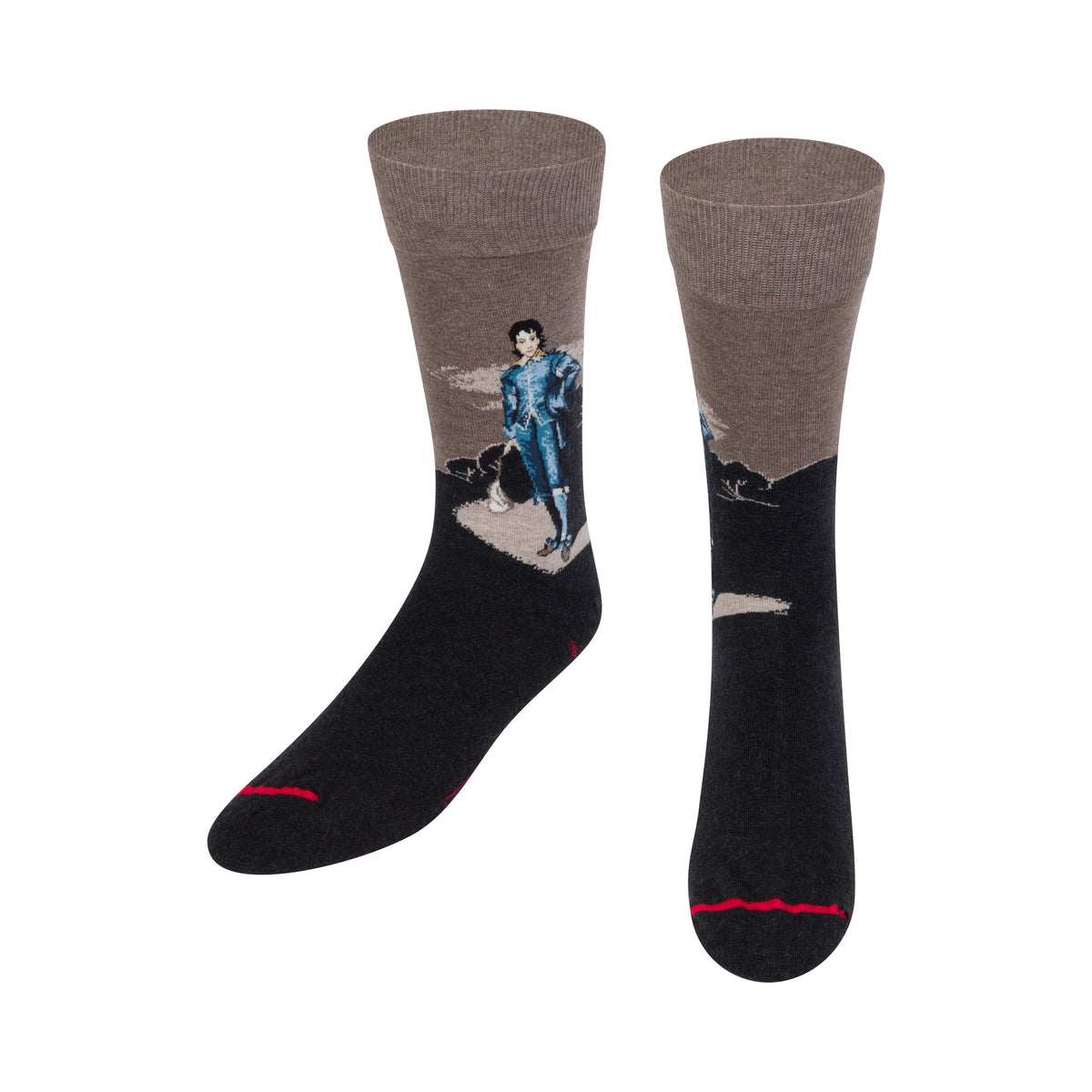 Black socks with a graphic of Gainsborough's Blue Boy painting on a white background