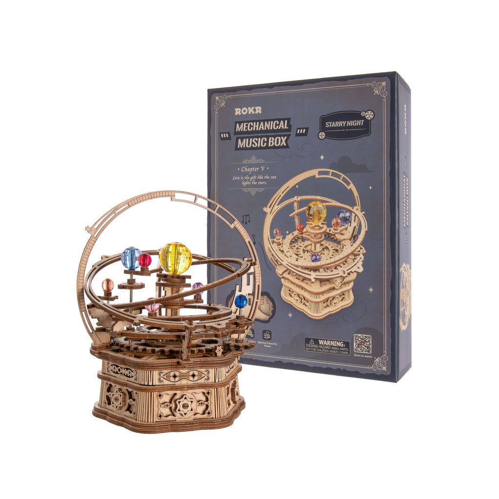 Appreciate the beauty of our solar system in the comfort of your own home. This music box model kit combines the beauty of art, science, and music—and it’s a fun project to build yourself or with friends. Combines the joy of assembling a puzzle with the magic of an orrery. Assembled size: 5.31" x 5.31" x 6.1". Ages 14+