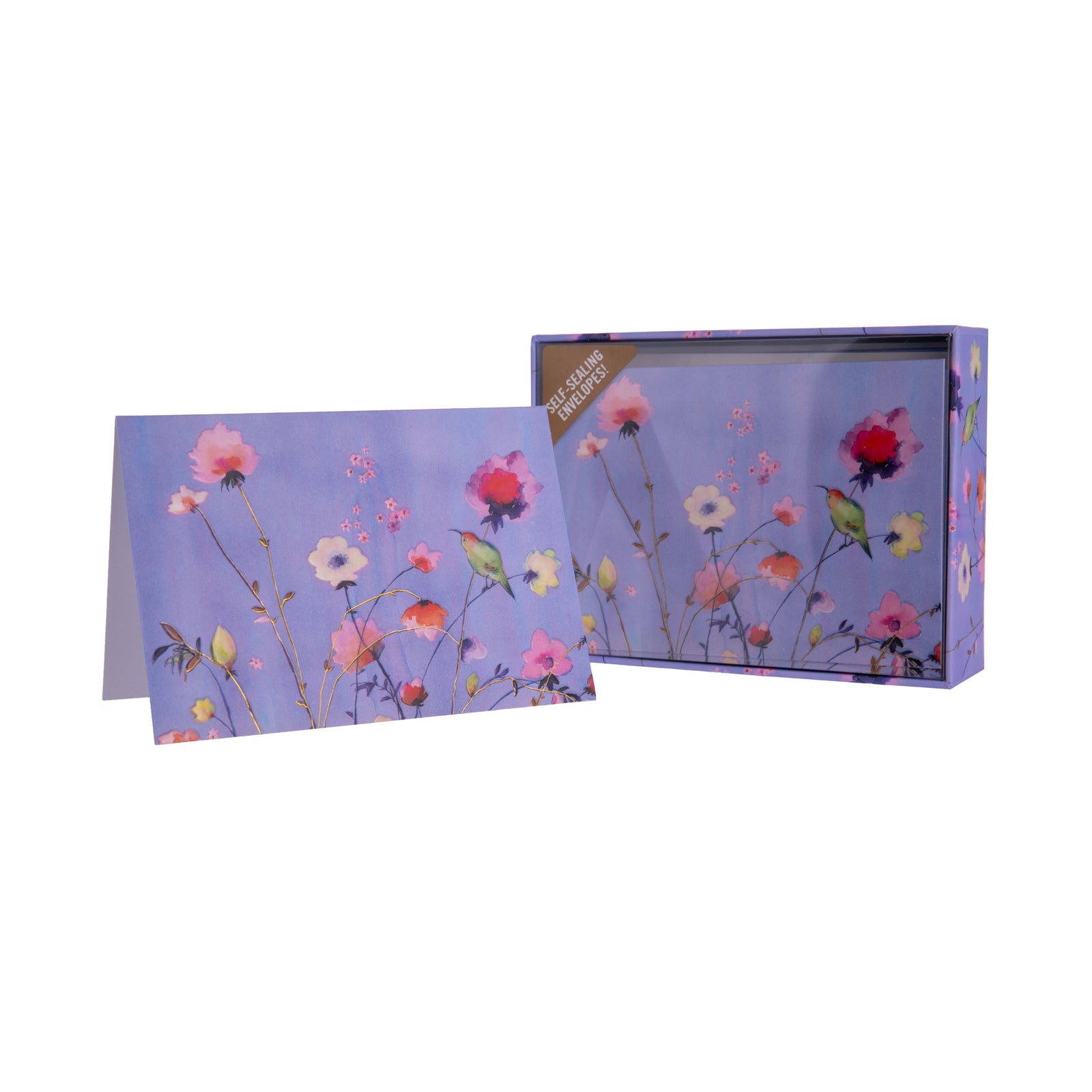 Evoke the beauty of a flower field with this boxed set of notecards with Lavender Wildflowers. With a tiny hummingbird, these embossed cards have gold foil detail and glossy highlights. The cards have a blank interior. Dimensions of cards: 5'' W x 3.5'' H Envelope color: Lavender 14 cards, 15 envelopes
