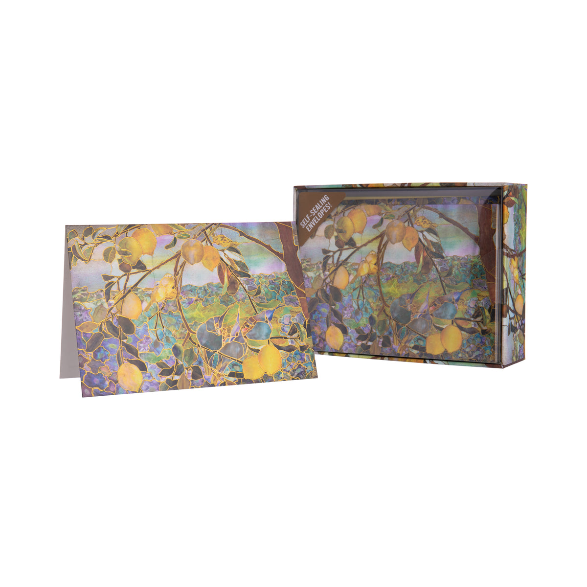 These boxed notecards of a Tiffany Lemon Tree are a reproduction of a mosaic of birds in a lemon tree, created by Tiffany Studios. With gold foil detail, these cards are great to send out for any occasion. The cards have a blank interior. Dimensions: 5&#39;&#39; W x 3.5&#39;&#39; H Envelope color: Yellow 14 cards, 15 envelopes
