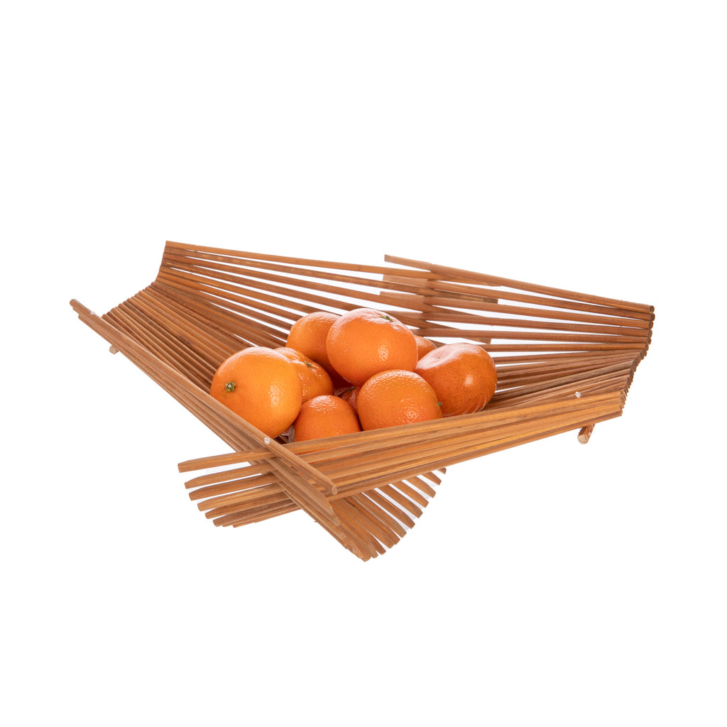 This attractive basket is made using single-use bamboo chopsticks, collected from restaurants and then sanitized at an extremely high temperature. The chopsticks are sorted, colored, and then assembled into baskets. When not in use, the basket folds flat for easy storage. Open size: length: 14" width: 12" height: 4".