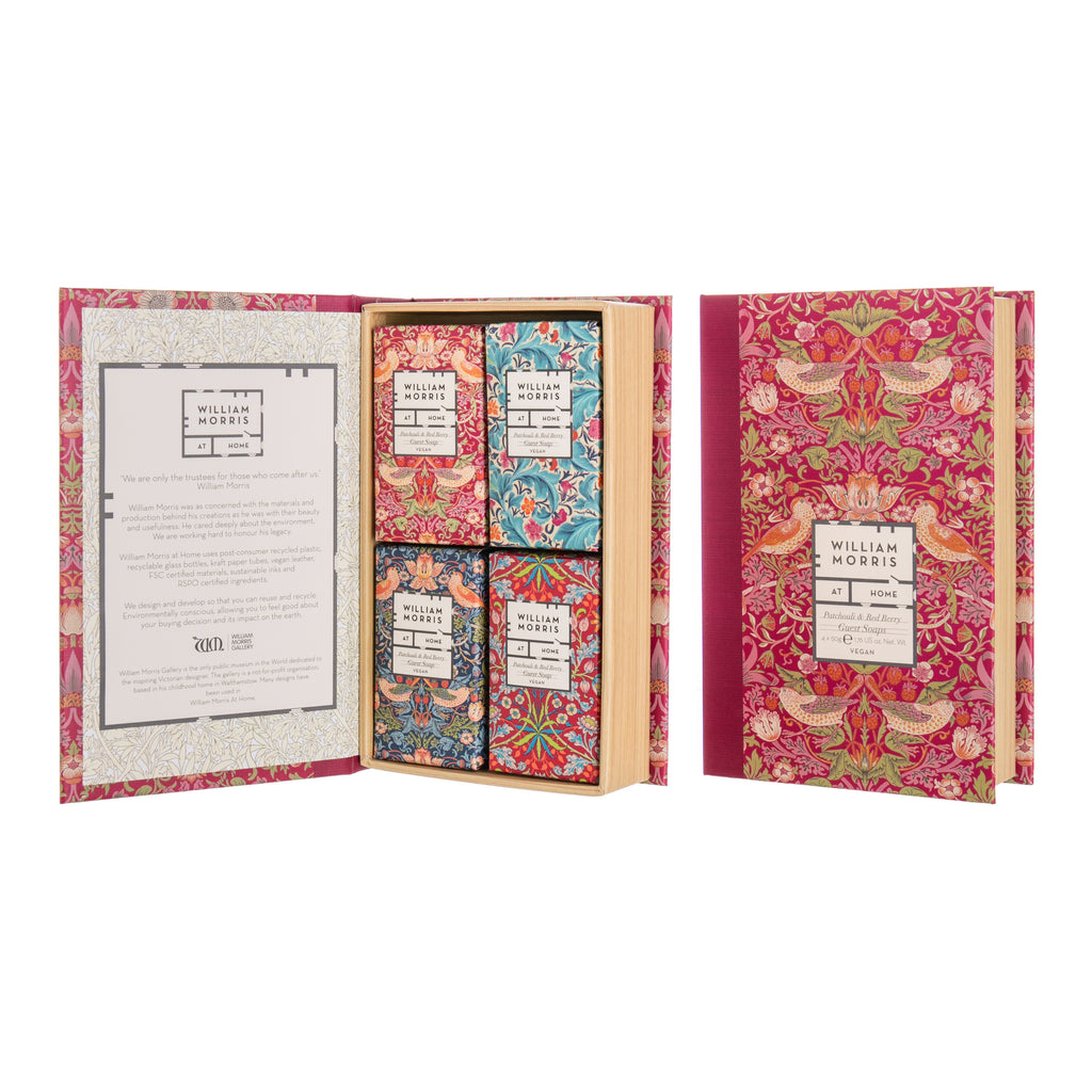 Discover this beautiful 'book box' set with four Patchouli & Red Berry scented soaps. Blended with strawberry seed and orange extracts the soaps also feature four vibrant William Morris designs. Ideally sized for the guest bedroom and a makes a perfect holiday or hostess gift. Set includes 4 x 50g guest soaps.