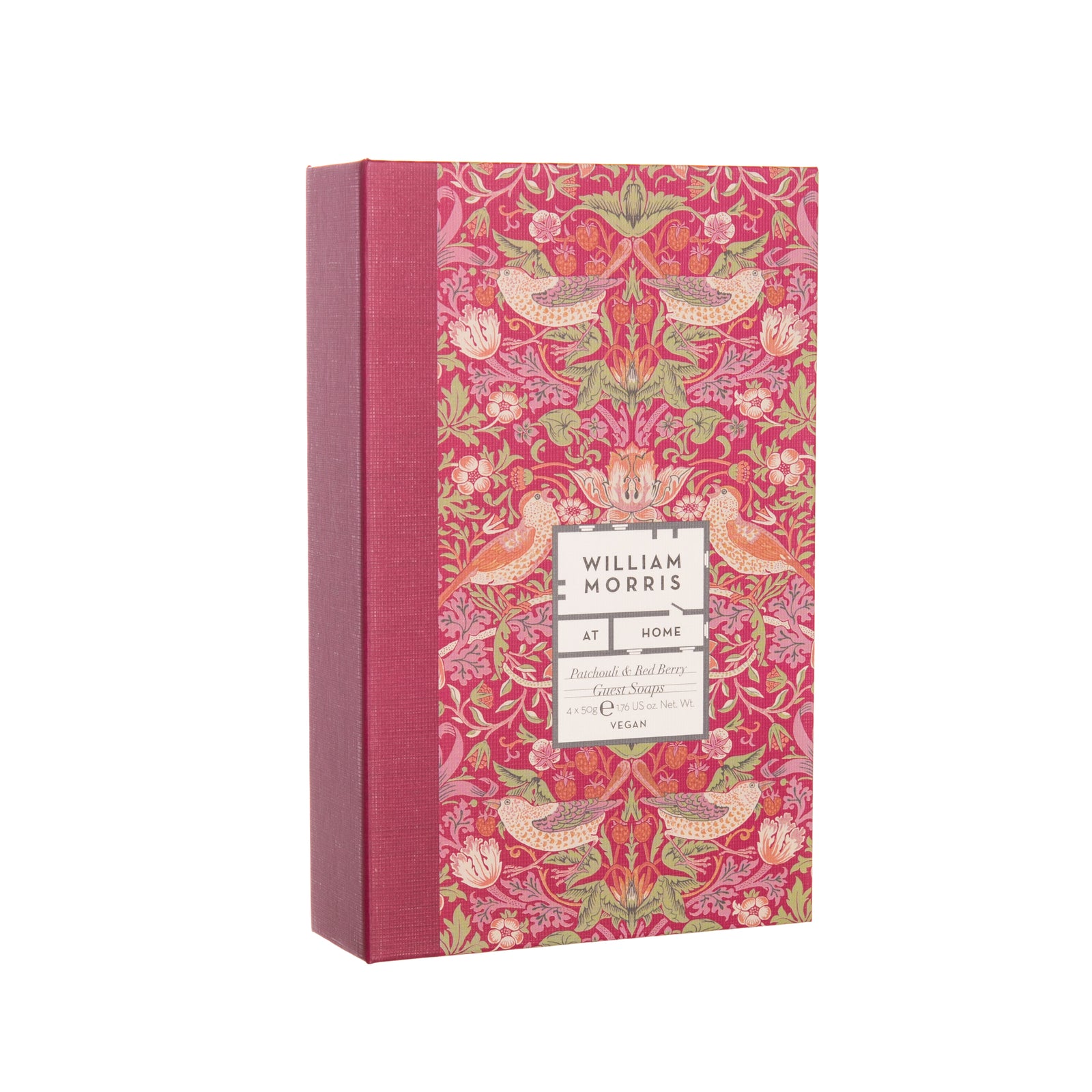 Discover this beautiful 'book box' set with four Patchouli & Red Berry scented soaps. Blended with strawberry seed and orange extracts the soaps also feature four vibrant William Morris designs. Ideally sized for the guest bedroom and a makes a perfect holiday or hostess gift. Set includes 4 x 50g guest soaps.